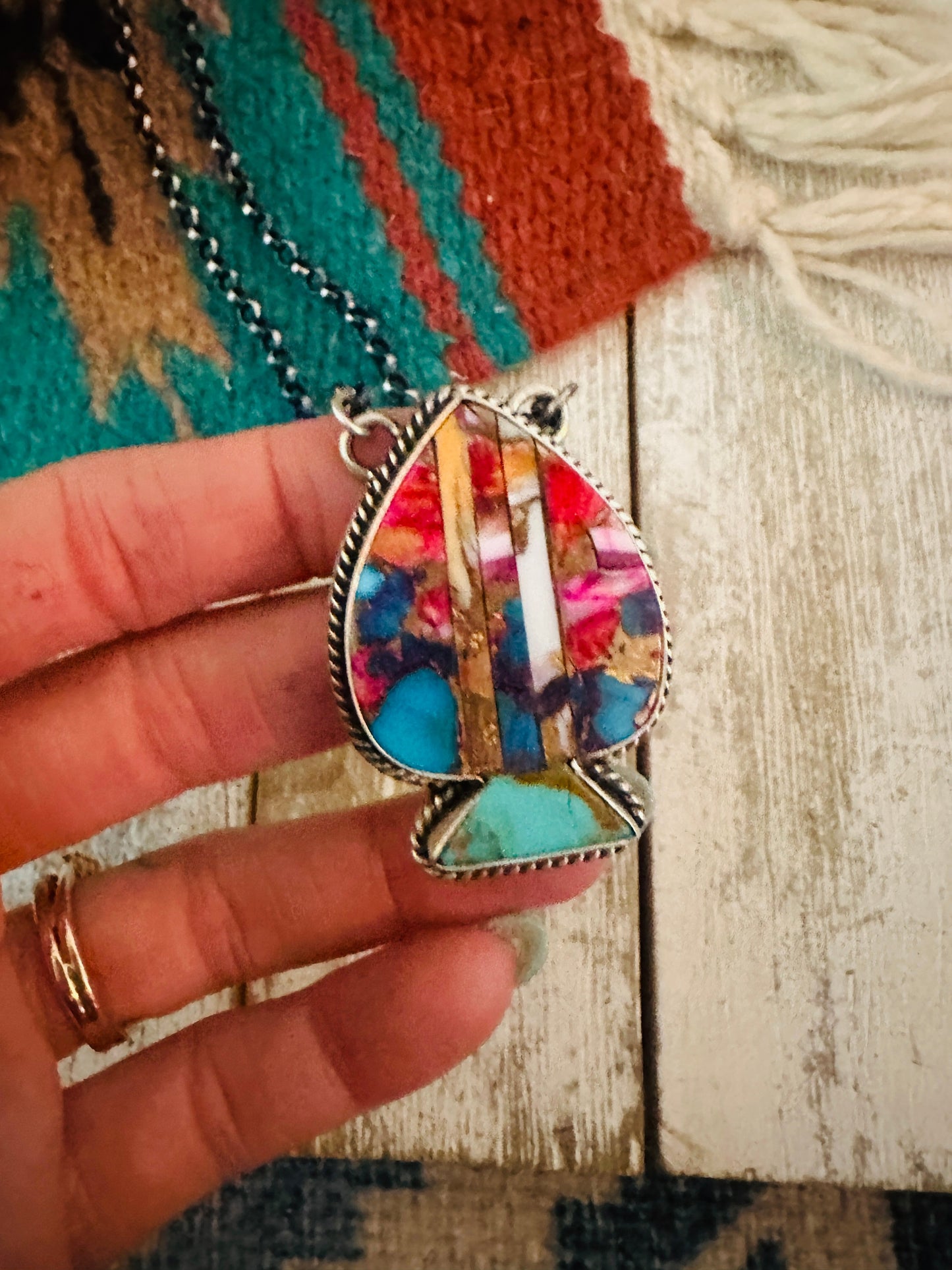 Handcrafted Sterling Silver & Multi Stone Inlay Spade Necklace