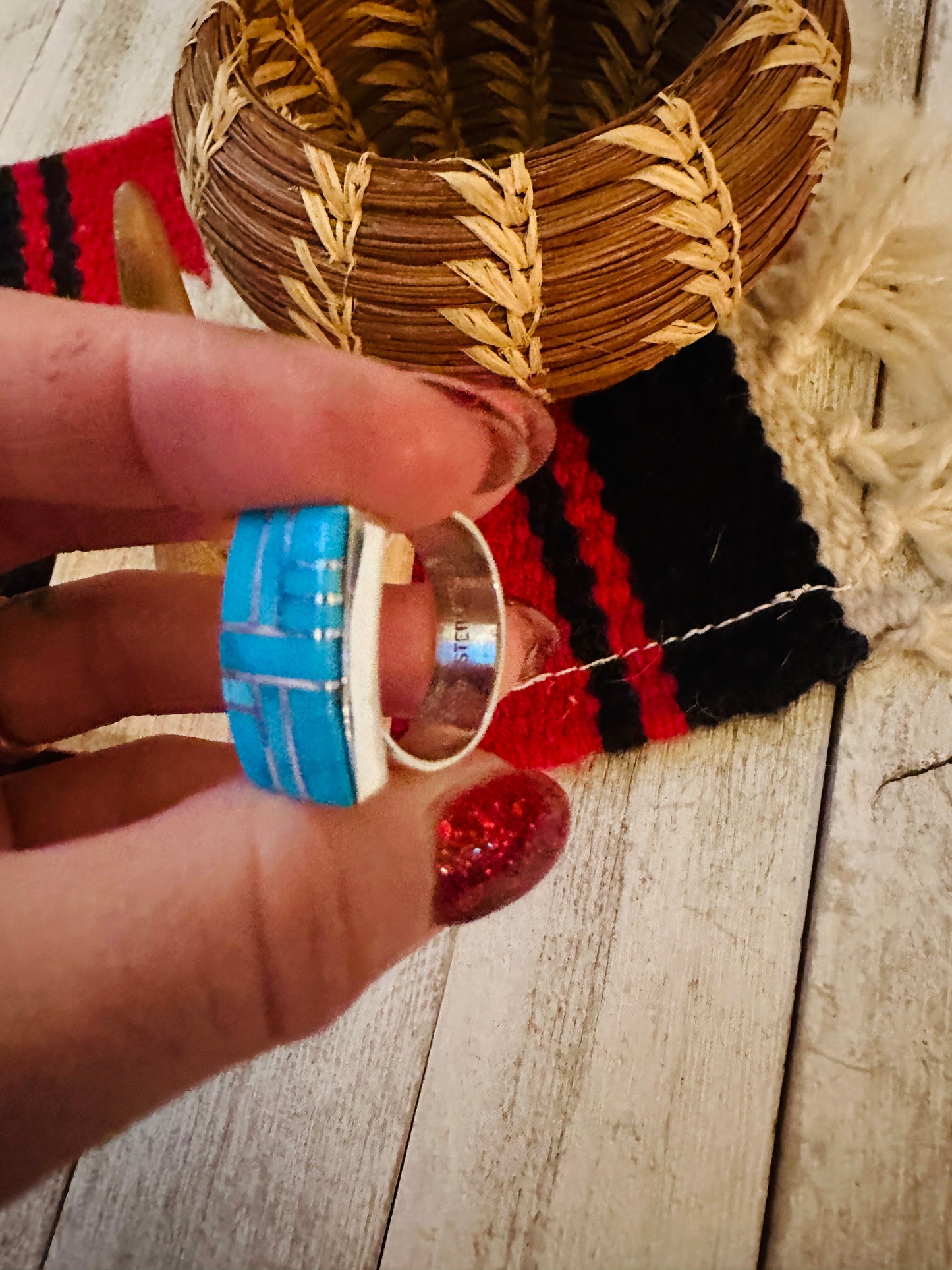 Handcrafted Turquoise & Sterling Silver Inlay Ring Size 7 by Julia Etsitty