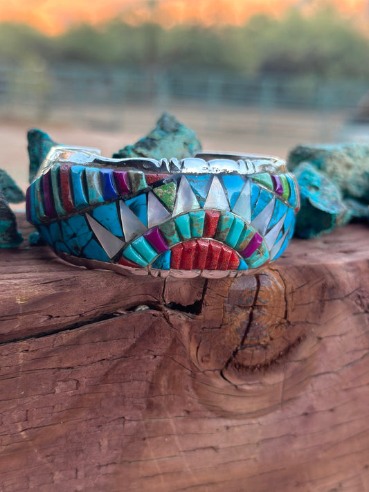 Handmade Sterling Silver Multi Stone Sun Inlay Cuff