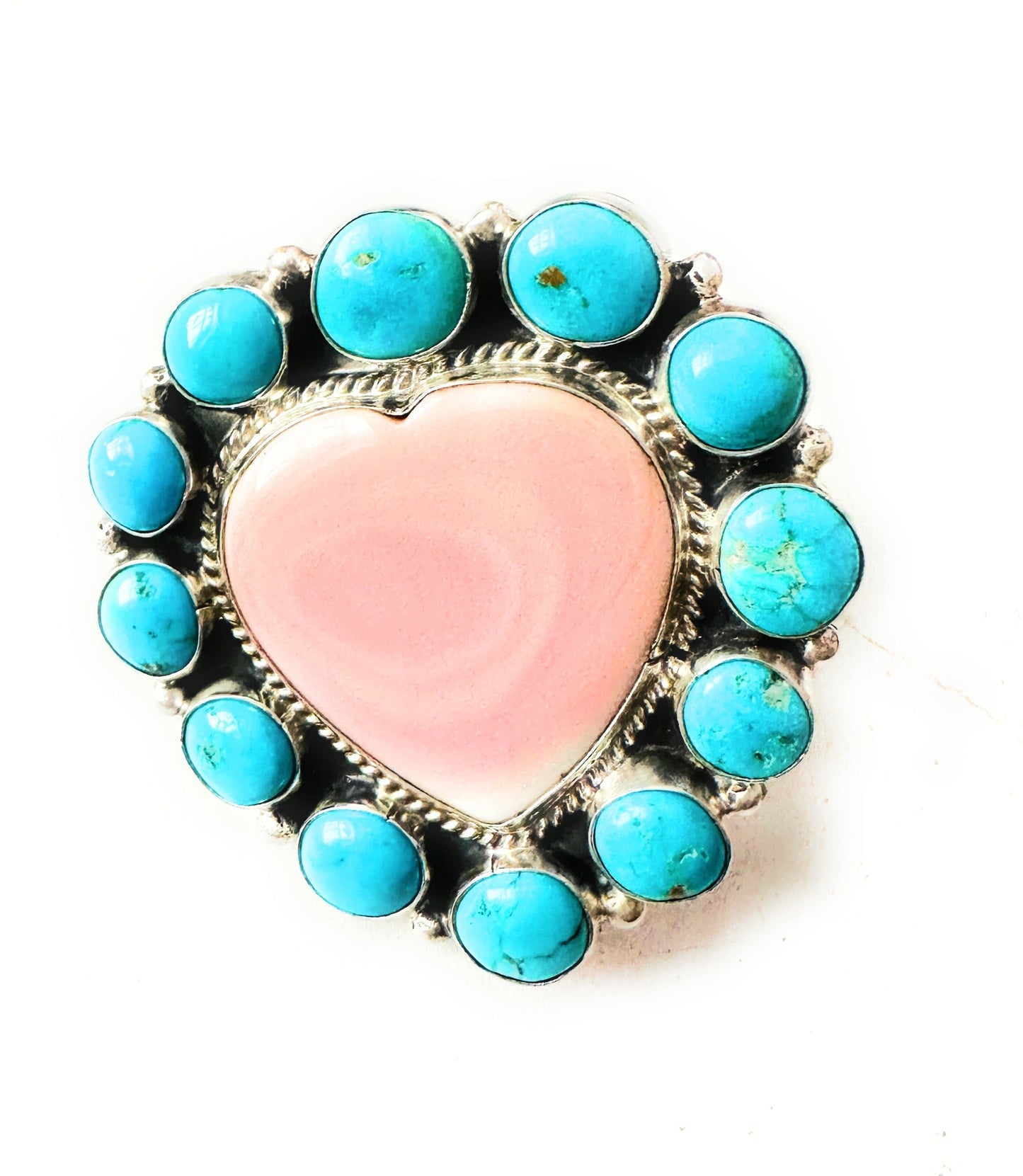 Handcrafted Sterling Silver, Queen Pink Conch & Turquoise Heart Adjustable Ring