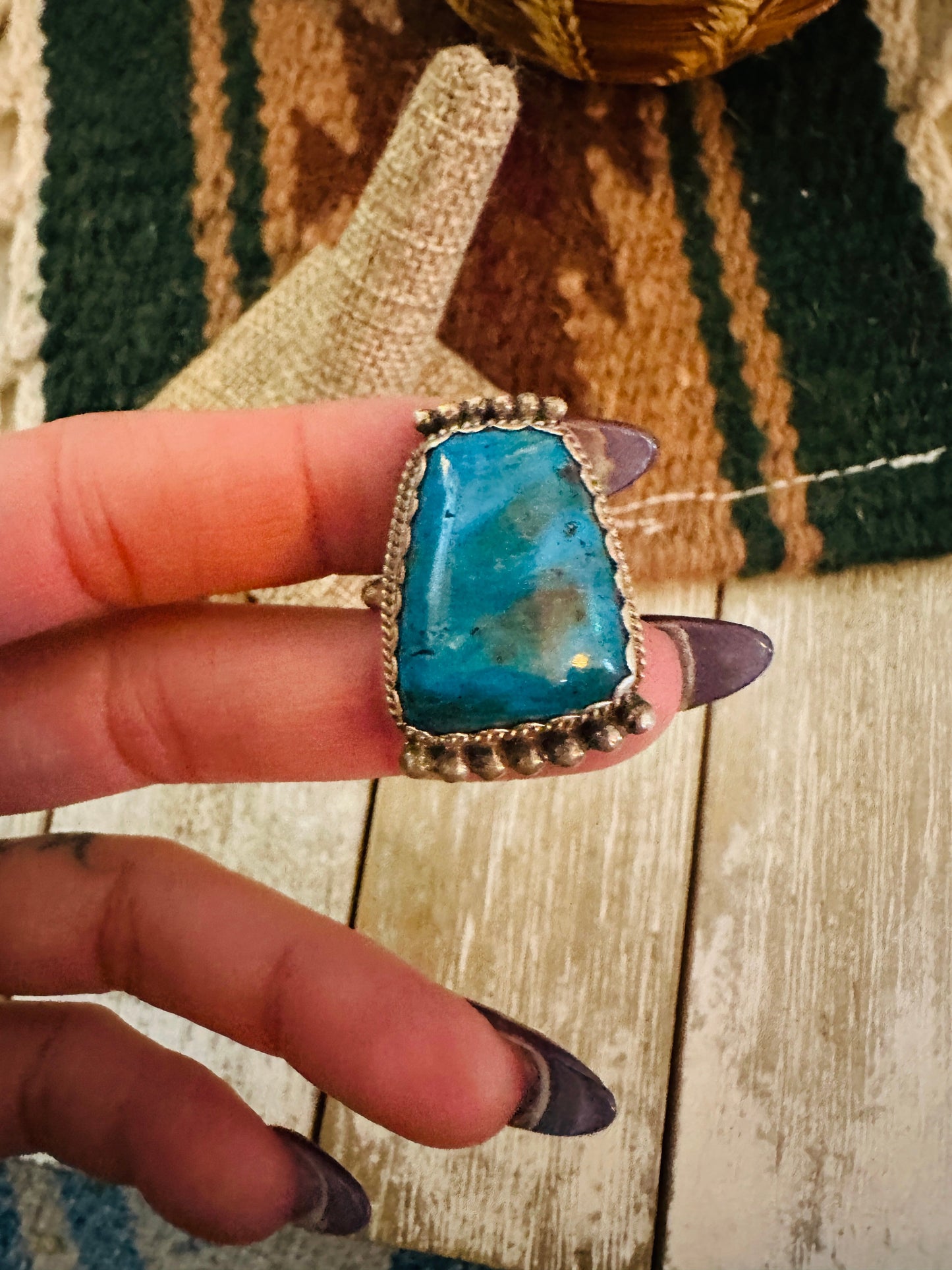 Old Pawn Handcrafted Turquoise & Sterling Silver Ring Size 8