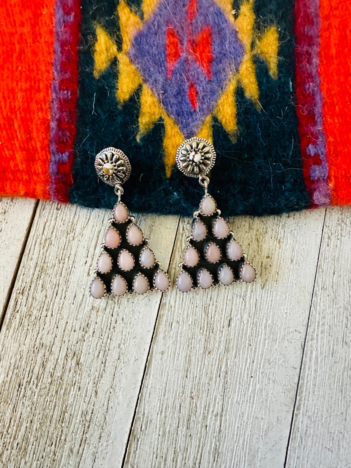 Handmade Pink Opal & Sterling Silver Triangle Dangle Earrings Signed Nizhoni