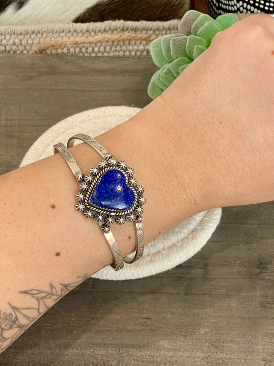 Handmade Lapis & Sterling Silver Heart Cuff Bracelet