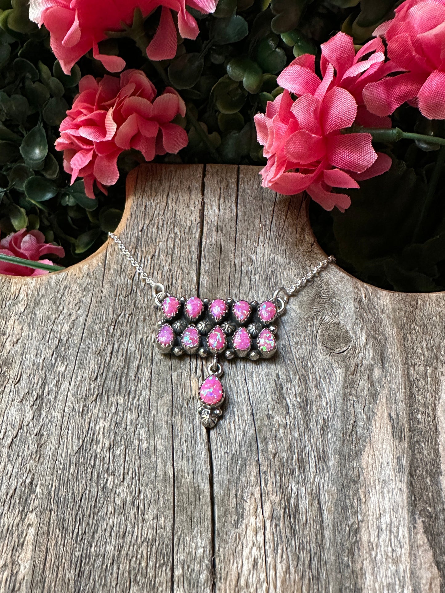 Handmade Sterling Silver & Fire Pink Opal Tear Drop Dangle, Bar Necklace