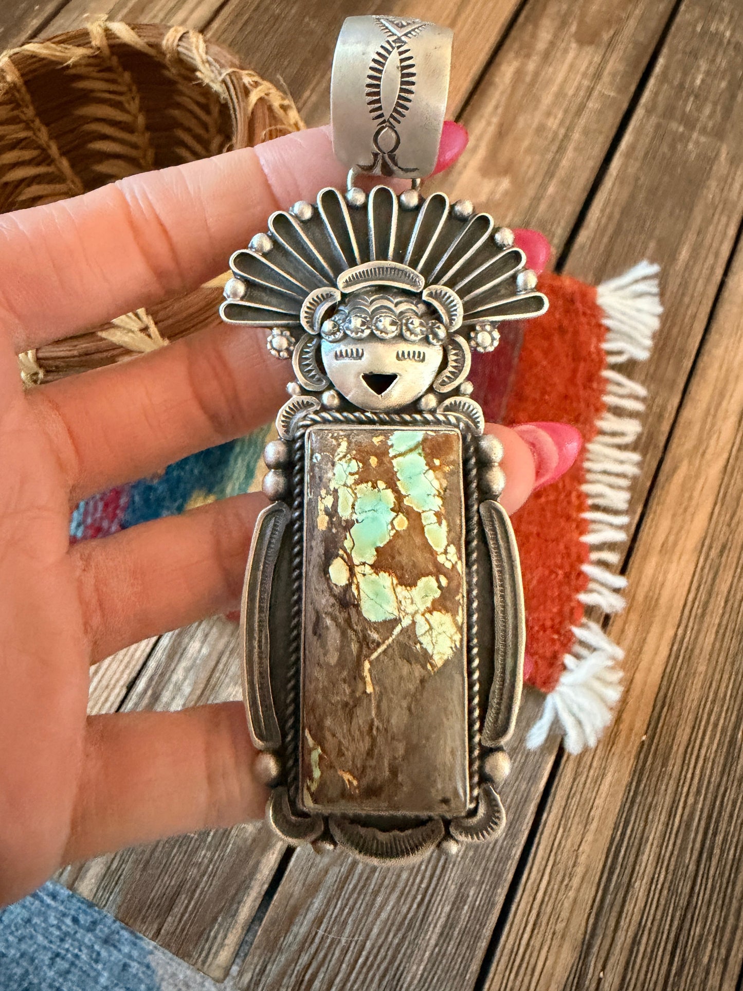 Handcrafted Sterling Silver and Number 8 Turquoise Kachina Pendant by Ronald Tom