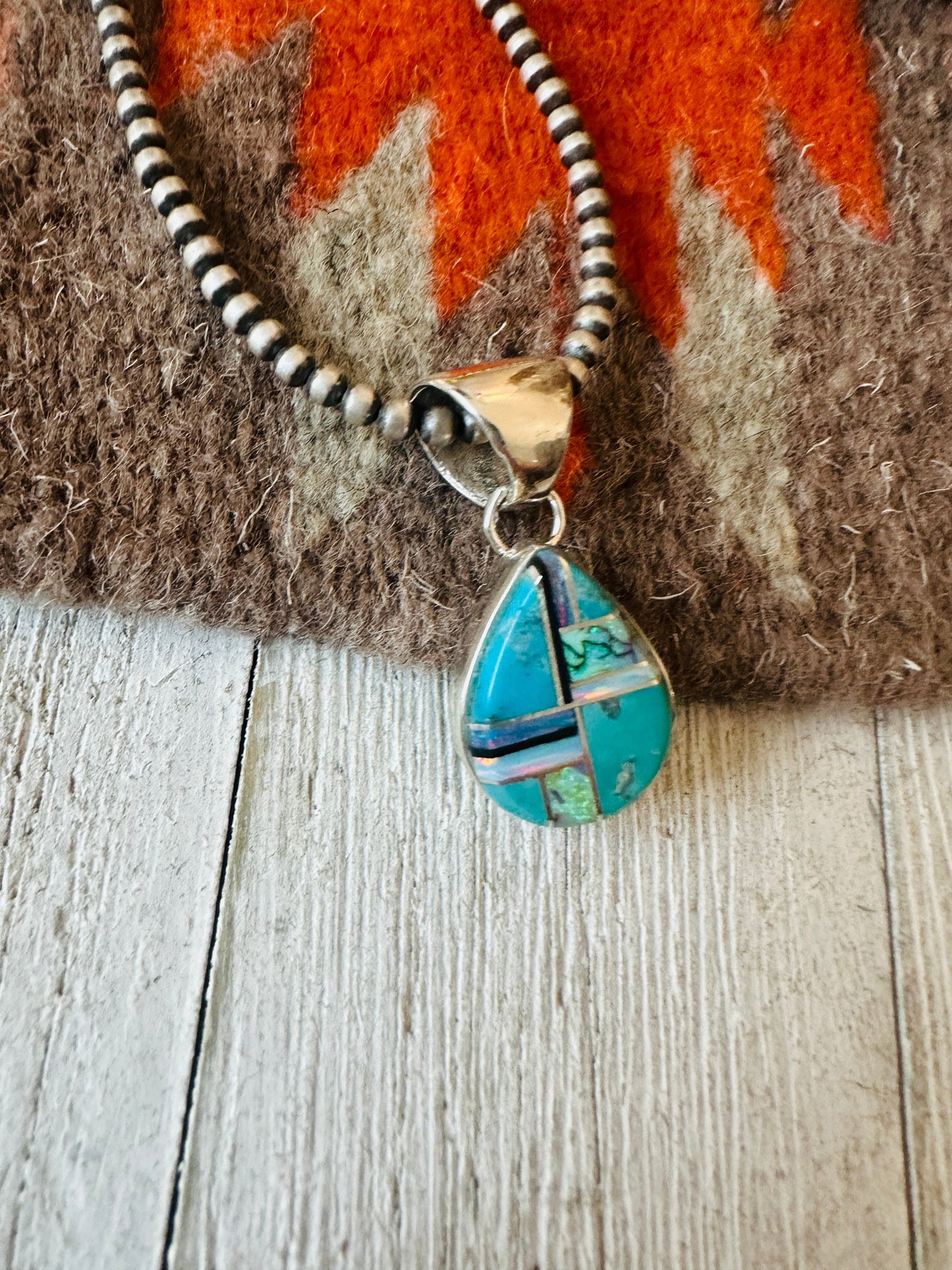 Handcrafted Multi Stone & Sterling Silver Inlay Teardrop Pendant