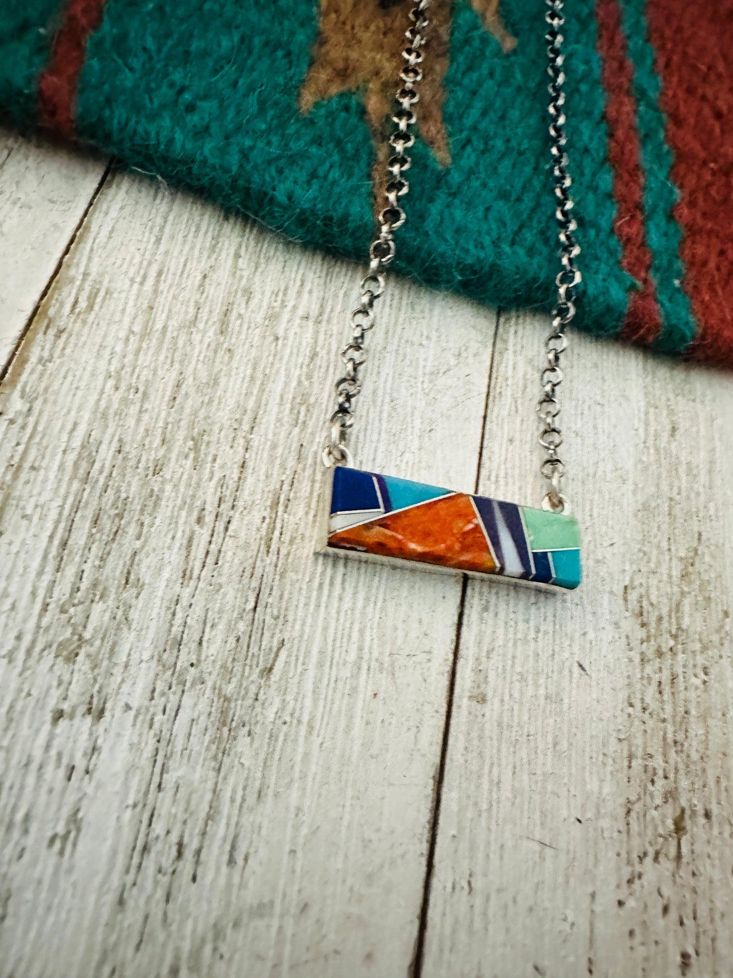 Handcrafted Multi Stone & Sterling Silver Inlay Bar Necklace
