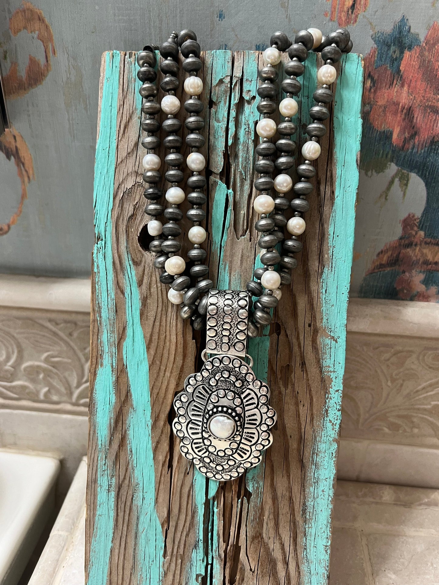 Silver-Plated Three Strand Brass Concho Pearl Necklace