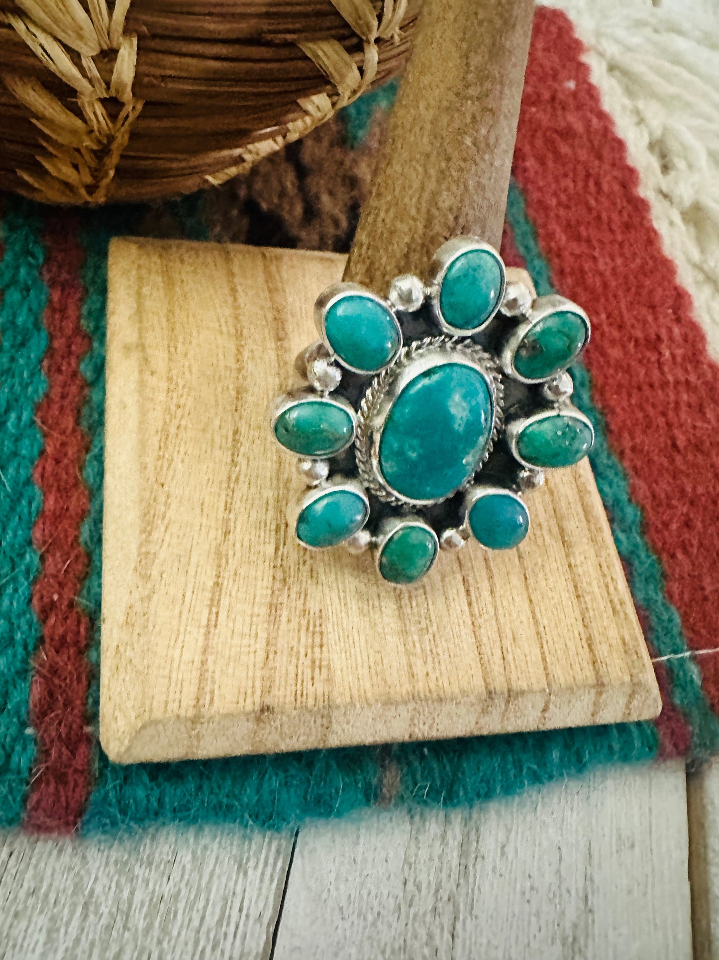 Handcrafted Sterling Silver & Turquoise Cluster Adjustable Ring