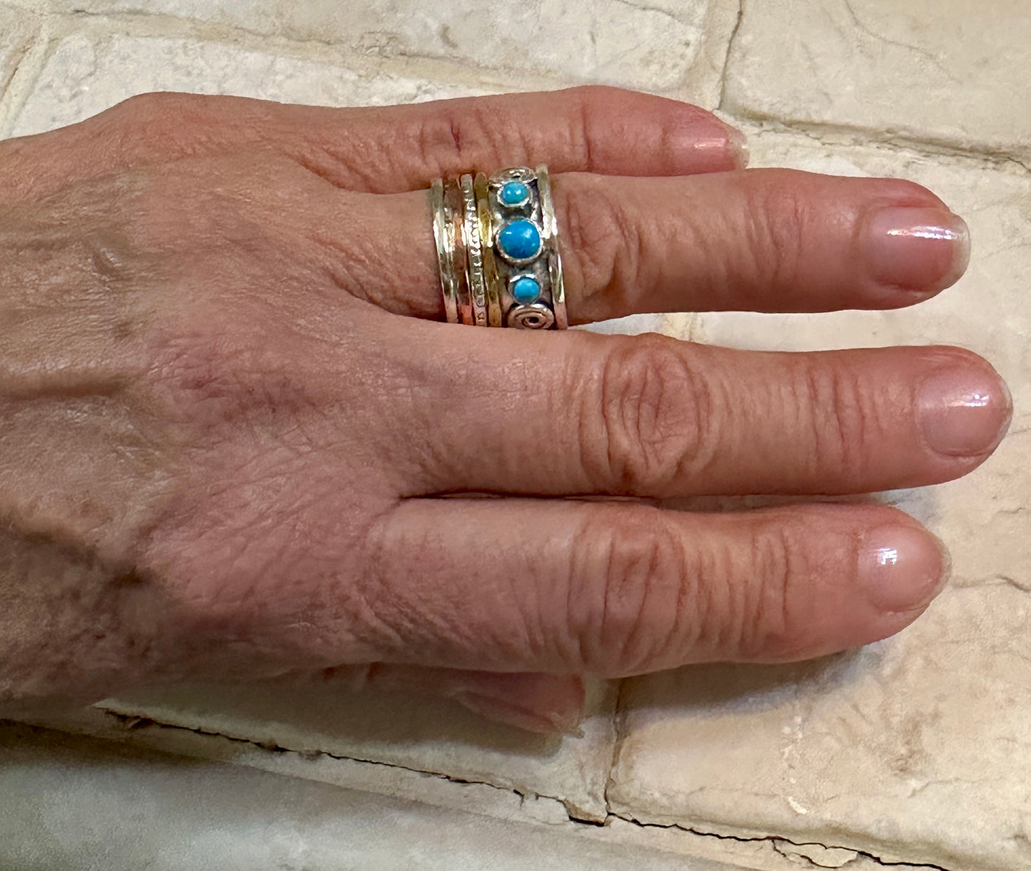 Three Stone Copper Turquoise, Copper, Sterling Silver, Gold, Spinner Ring Size 7