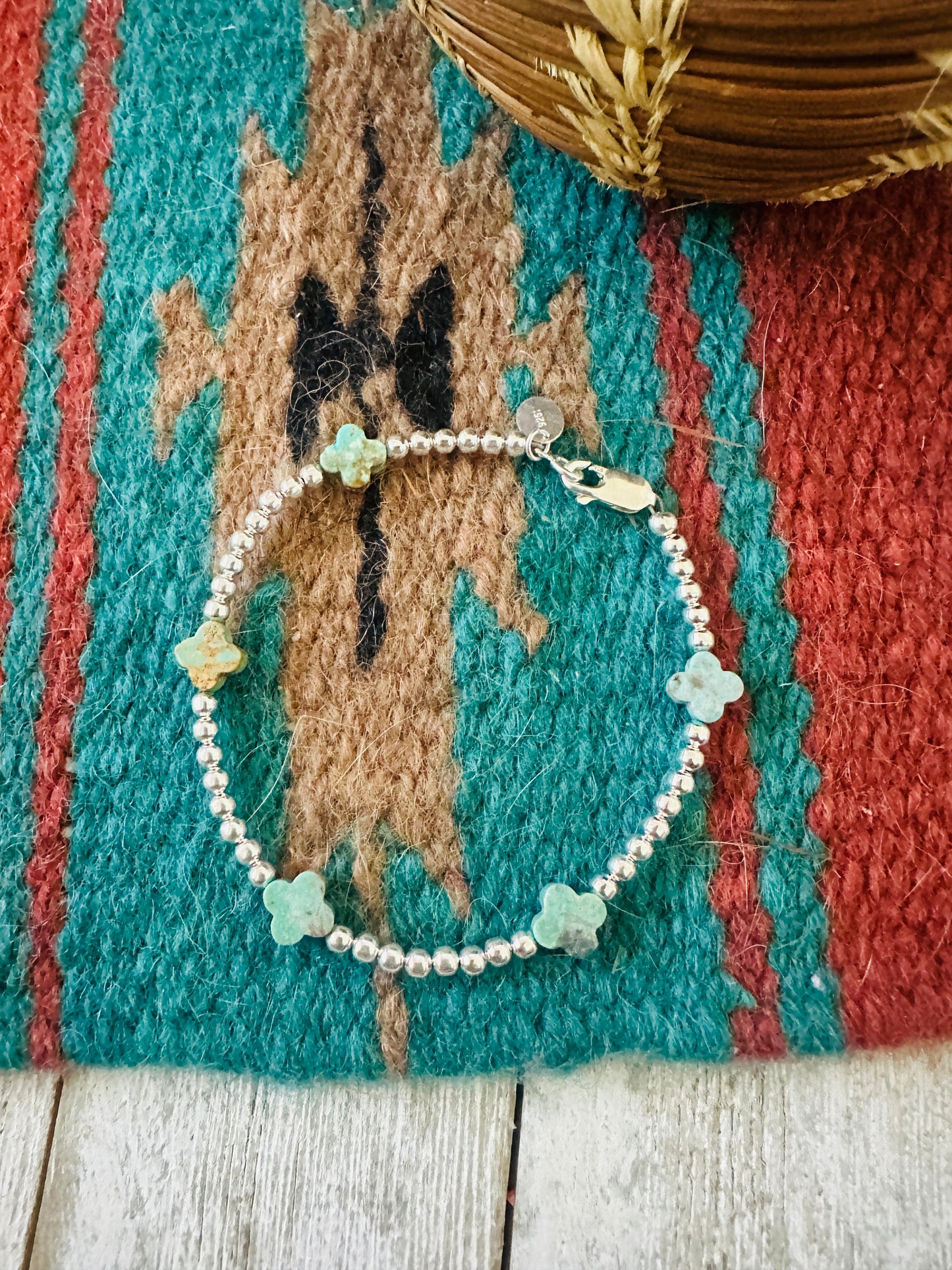 Handcrafted Sterling Silver Pearl & Turquoise Beaded Bracelet 7.5”