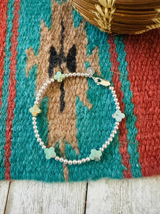 Handcrafted Sterling Silver Pearl & Turquoise Beaded Bracelet 7.5”