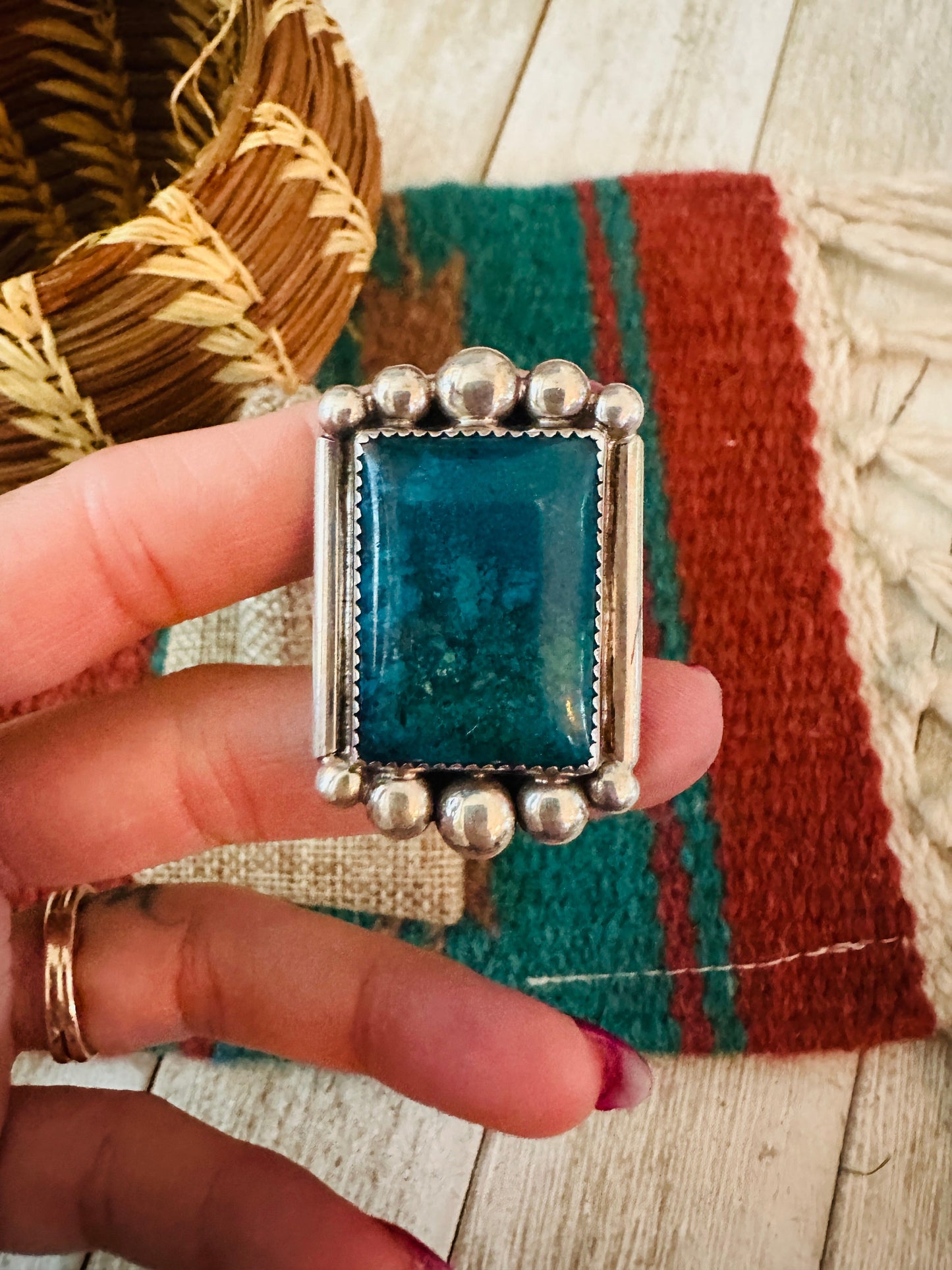 Old Pawn Handcrafted Turquoise & Sterling Silver Ring Size 16