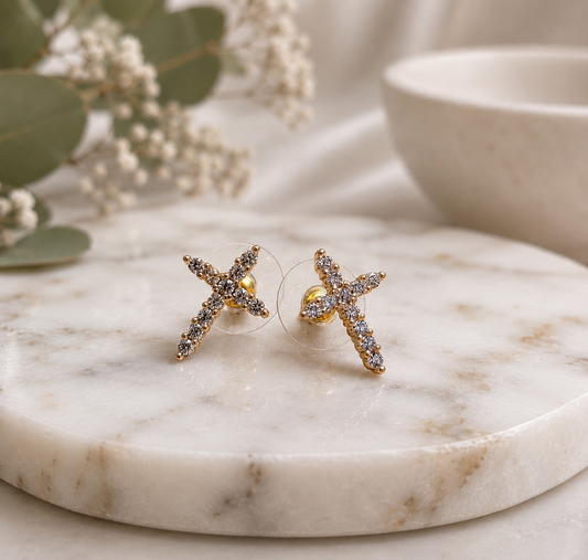 14k Gold CZ Cross Shaped Post Earrings