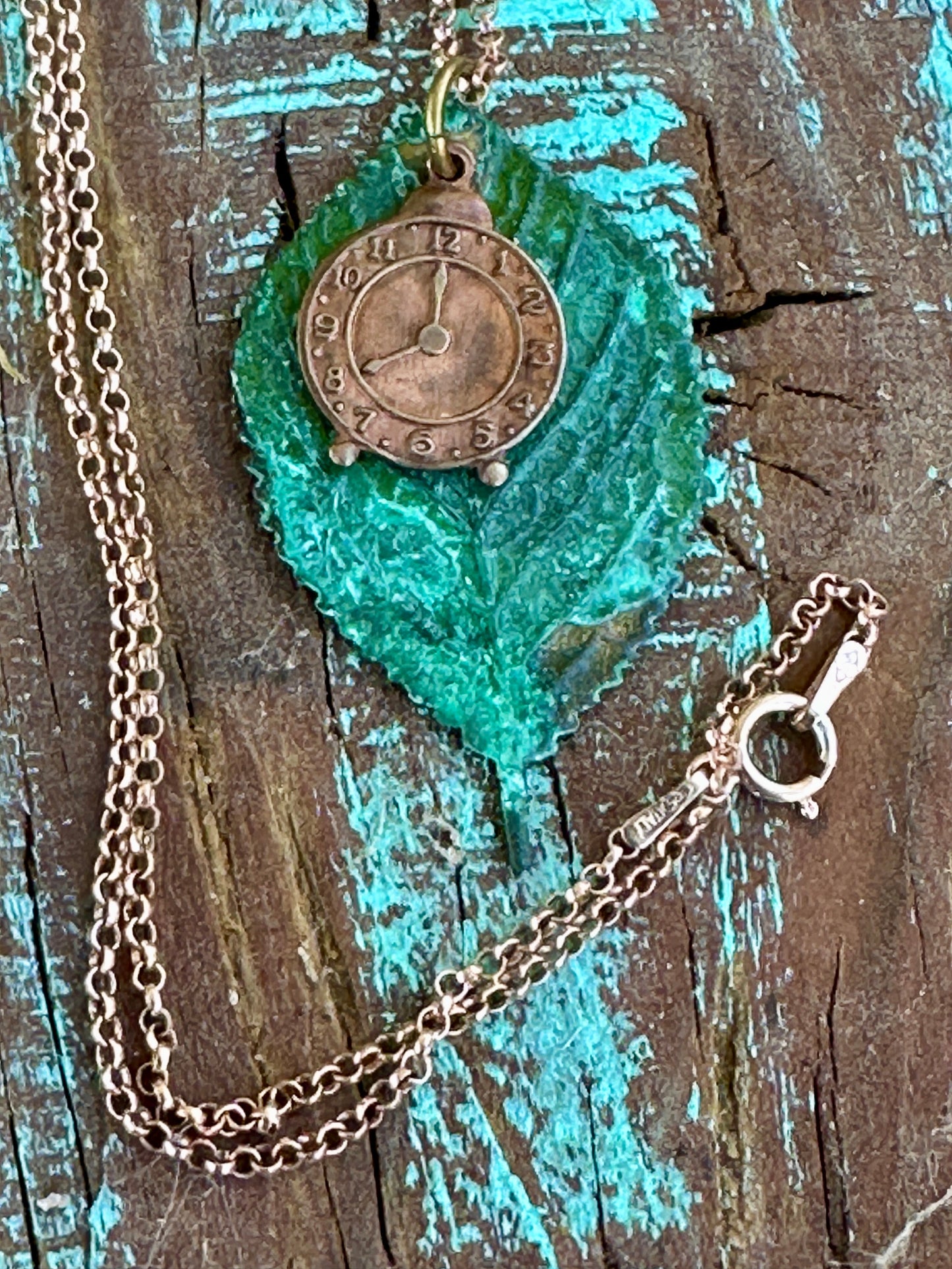 Rose Gold, brass Clock Moldavite leaf pendant 24” necklace