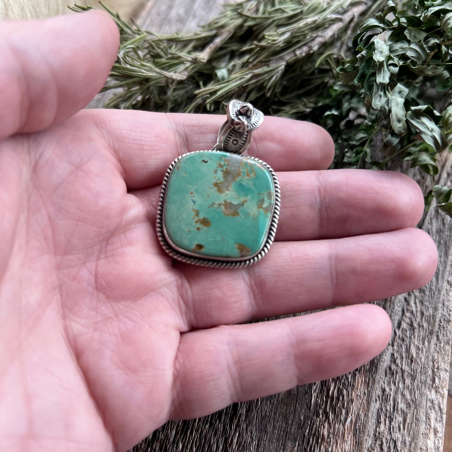 Handmade Green Turquoise Square Sterling Silver Pendant