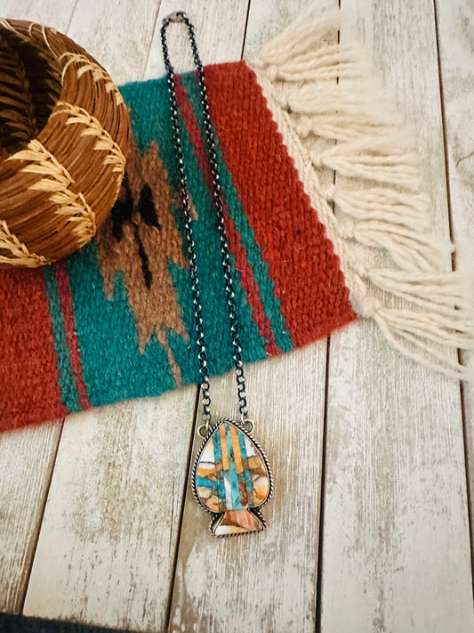 Handcrafted Sterling Silver & Multi Stone Inlay Spade Necklace