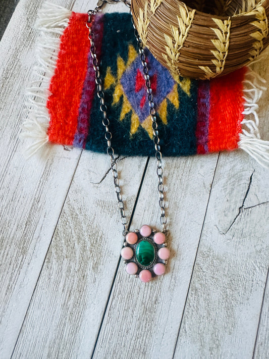 Handcrafted Sterling Silver, Queen Pink Conch Shell & Malachite Necklace