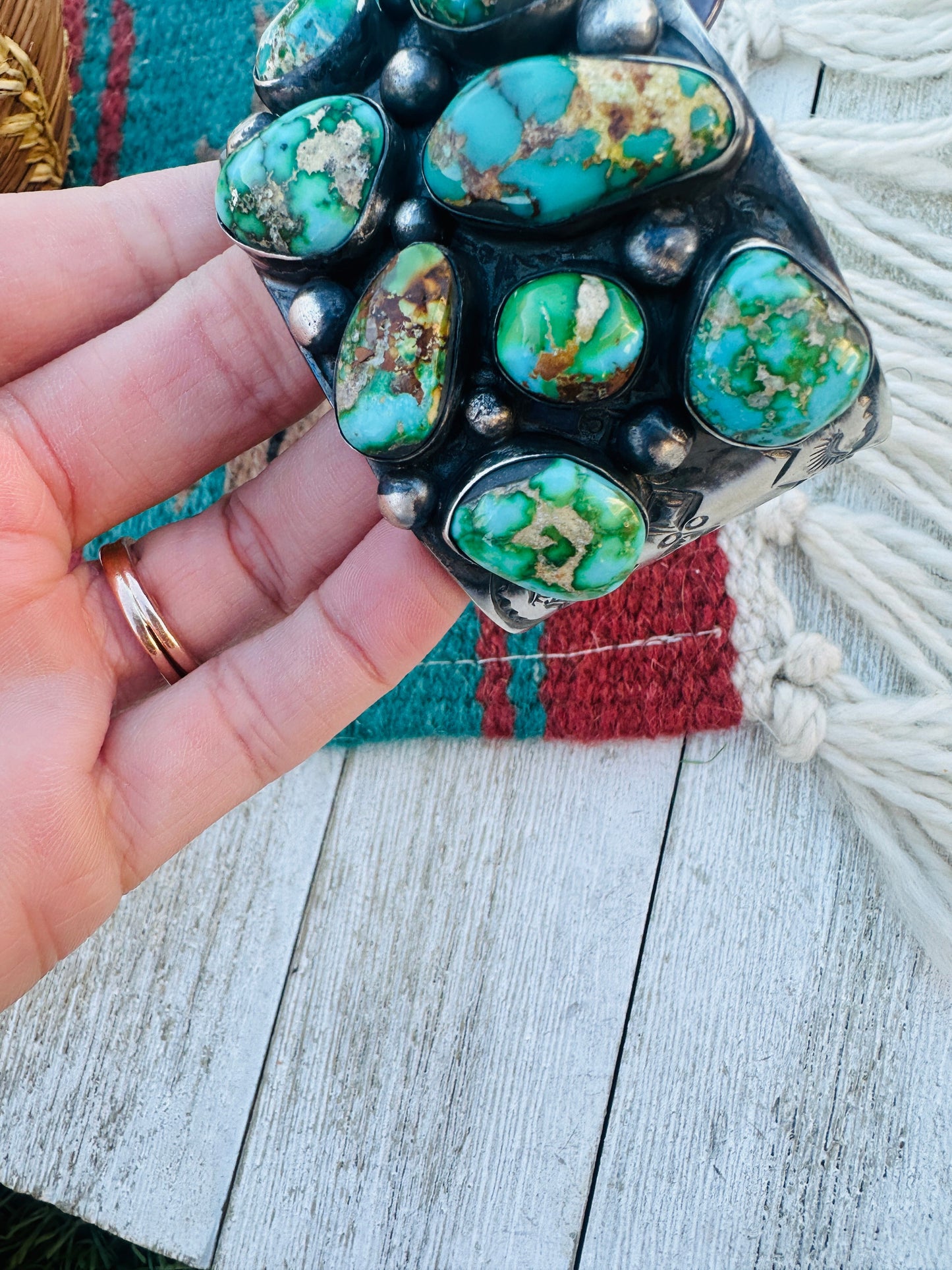 Handcrafted Sterling Silver & Sonoran Mountain Turquoise Cluster Cuff Bracelet by Chimney Butte