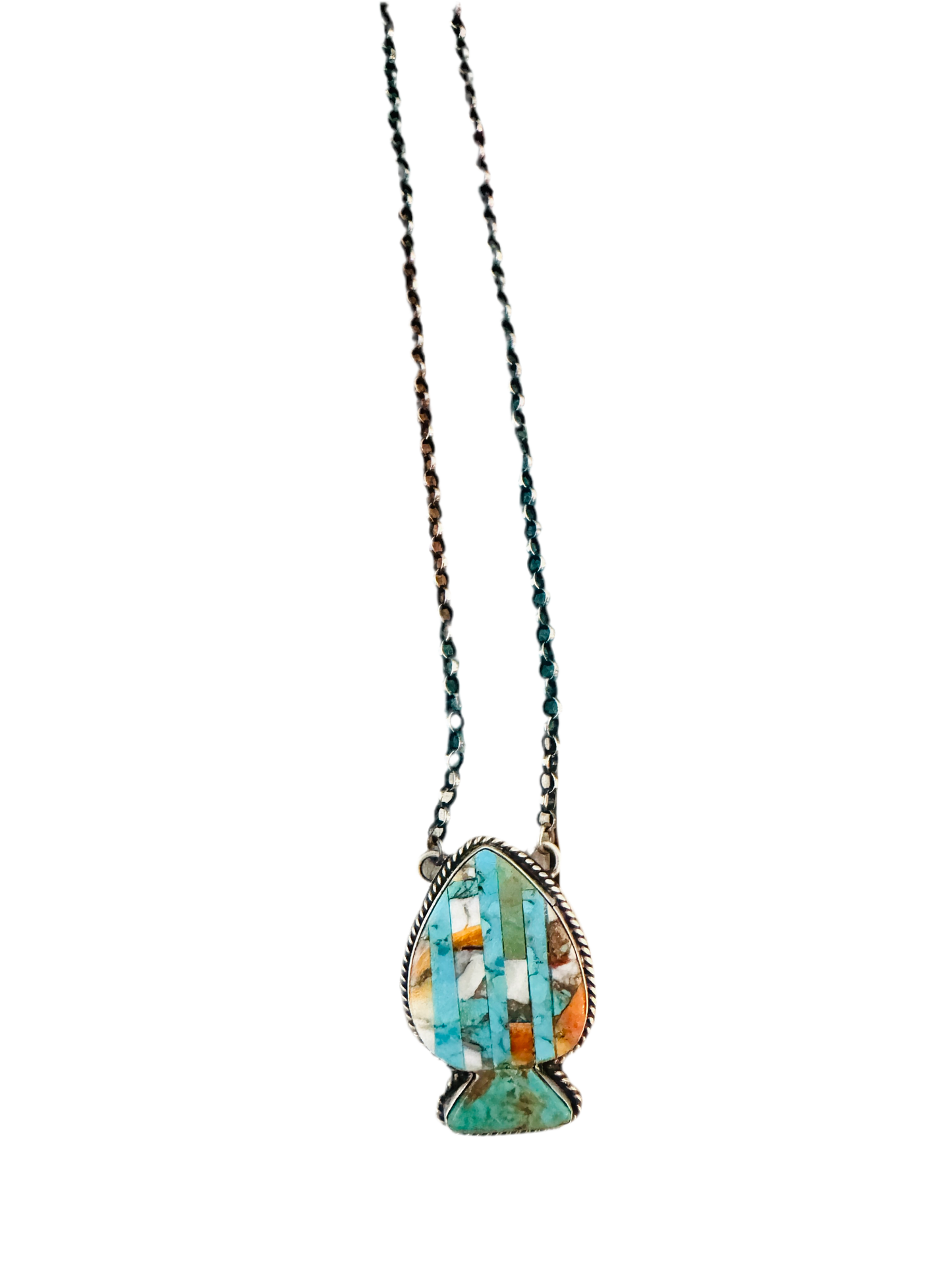 Handcrafted Sterling Silver & Multi Stone Inlay Spade Necklace