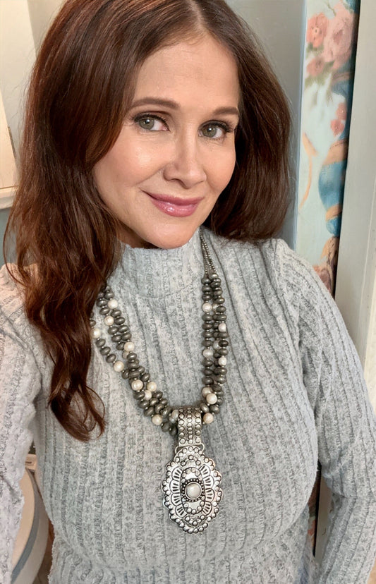 Silver-Plated Three Strand Brass Concho Pearl Necklace
