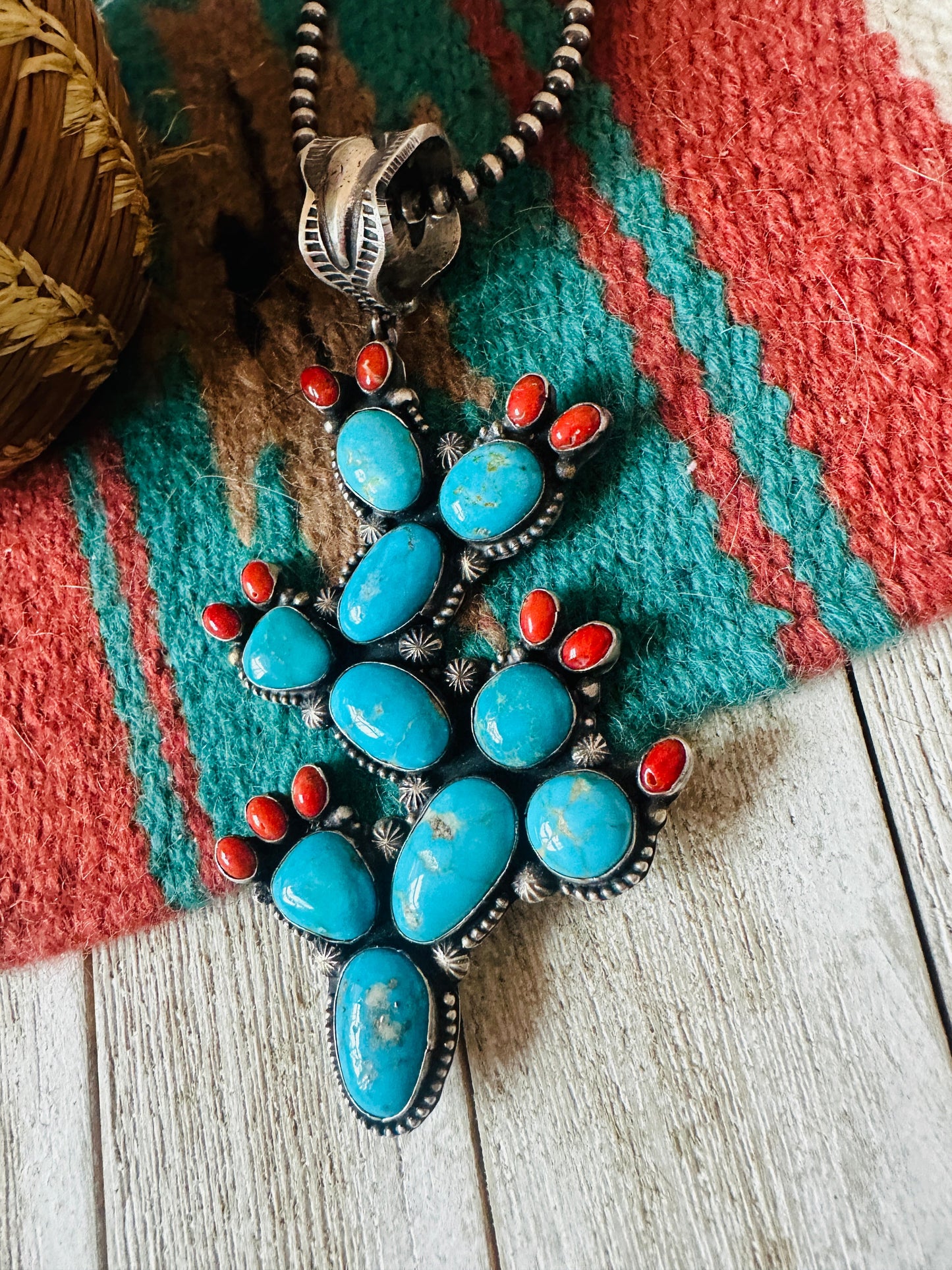 Handcrafted Sterling Silver, Turquoise & Coral Cactus Pendant by Shawn Cayatineto