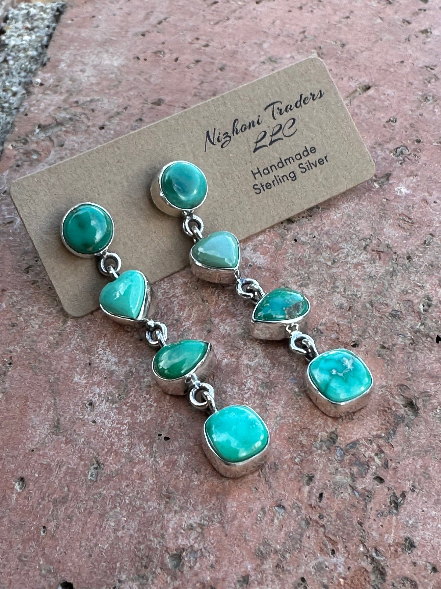 Handmade Emerald Valley Turquoise heart and Sterling Silver 4 Stone Dangles