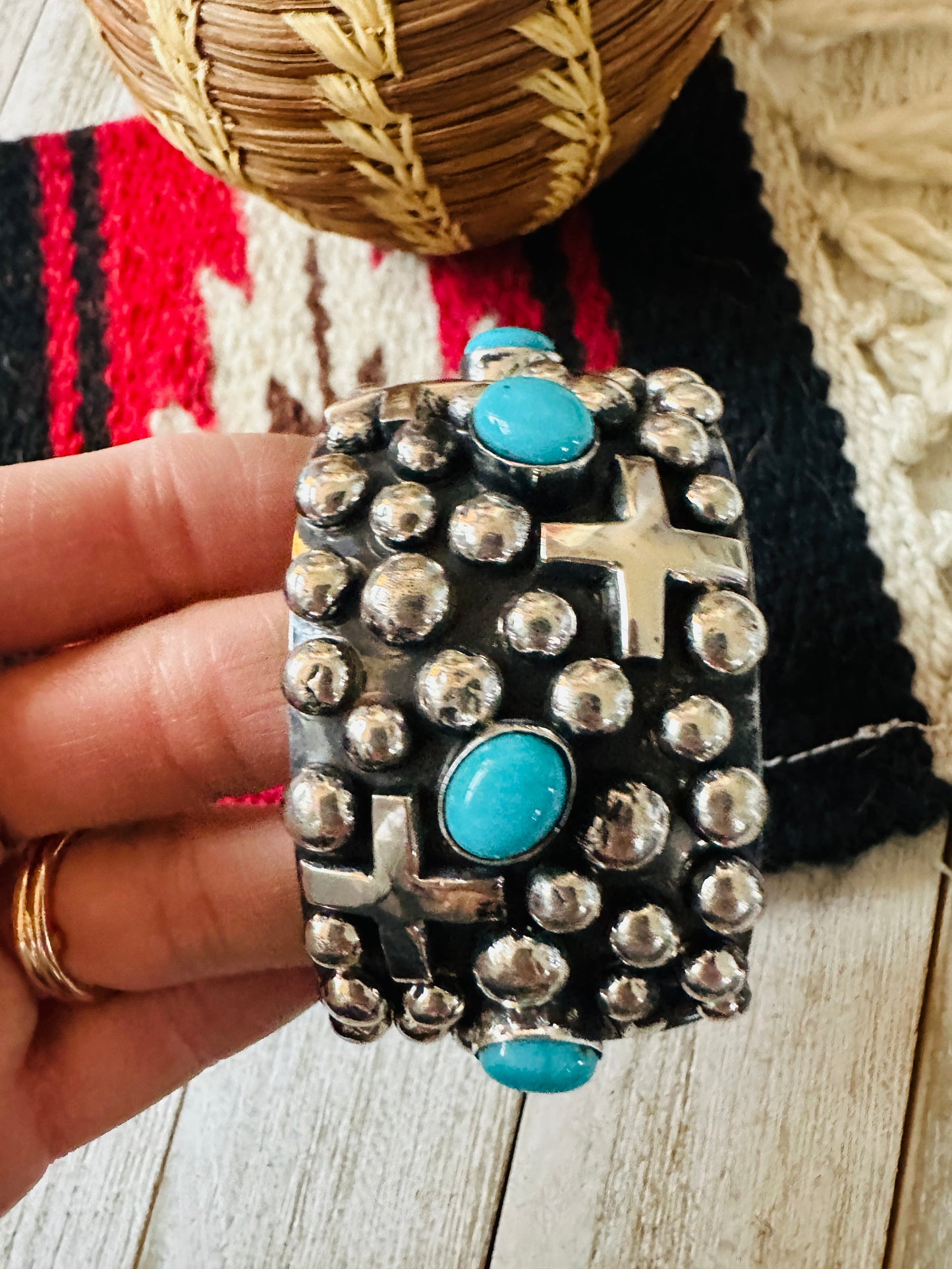 Handcrafted Turquoise & Sterling Silver Cross Cuff Bracelet By Chimney Butte /