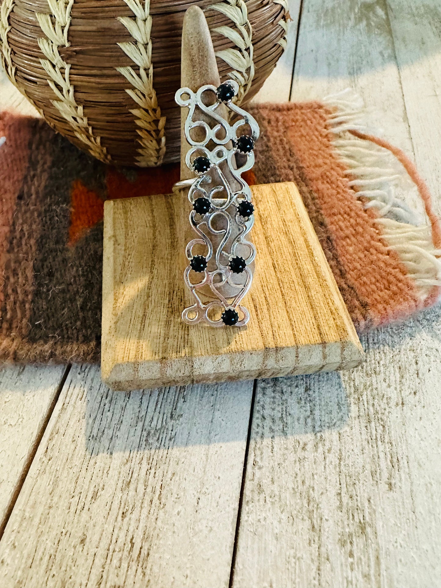 Handcrafted Sterling Silver & Onyx Adjustable Abstract Ring