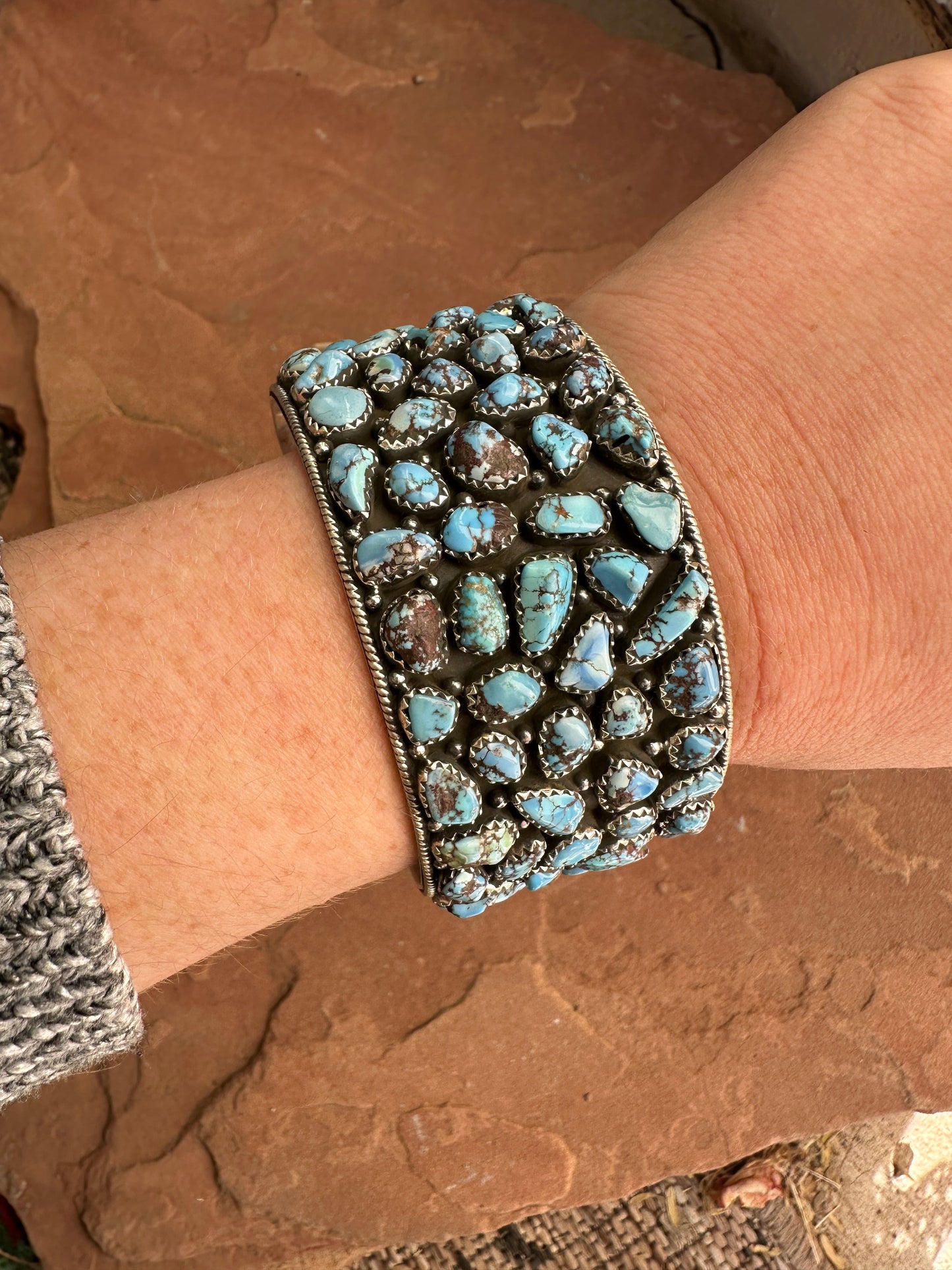 Handmade Sterling Silver Golden Hills Turquoise Adjustable Cluster Cuff /