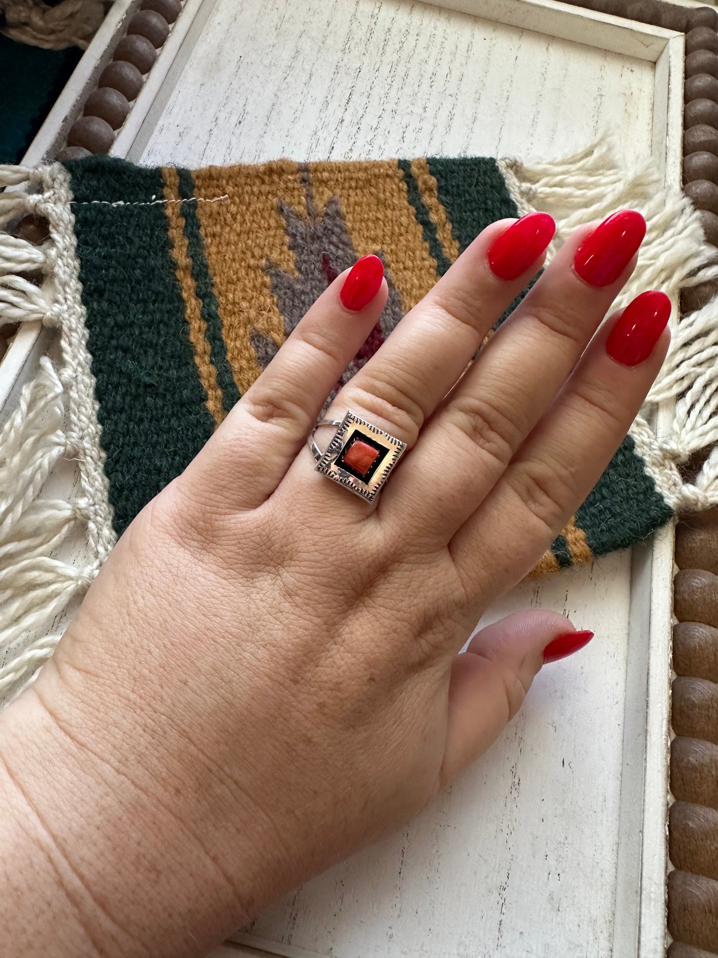 Navajo Orange Spiny & Sterling Silver Square Ring