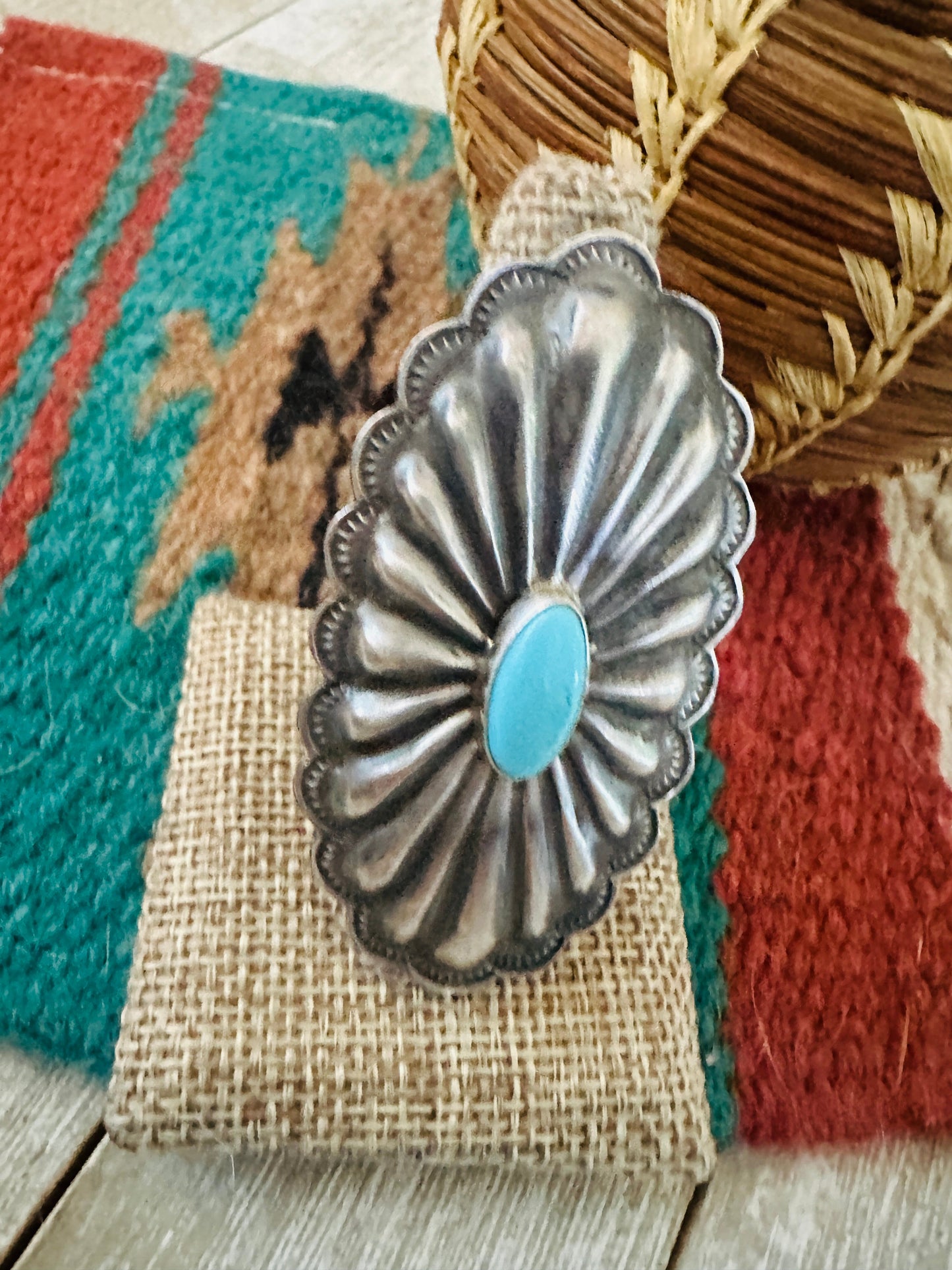 Handcrafted Turquoise & Sterling Silver Concho Ring Size 8.5