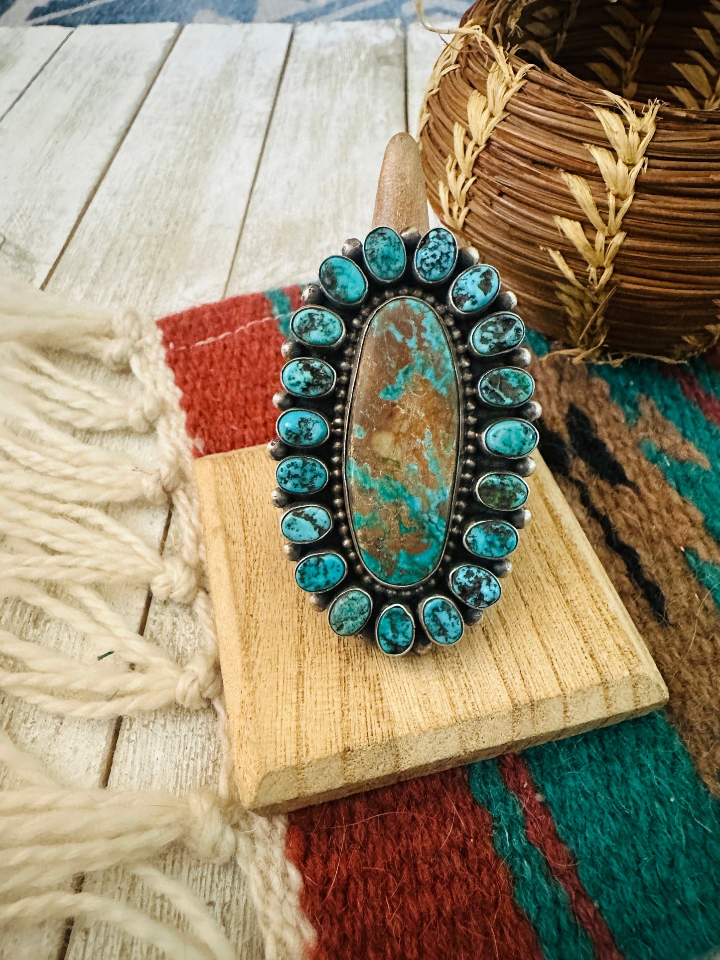 Handcrafted Turquoise & Sterling Silver Cluster Adjustable Ring by Blaine Yellowhorse