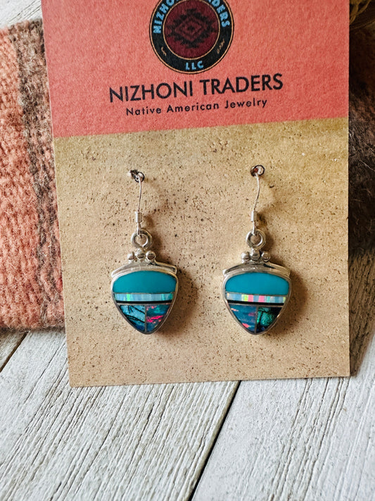 Handcrafted Sterling Silver & Multi Stone Inlay Dangle Earrings