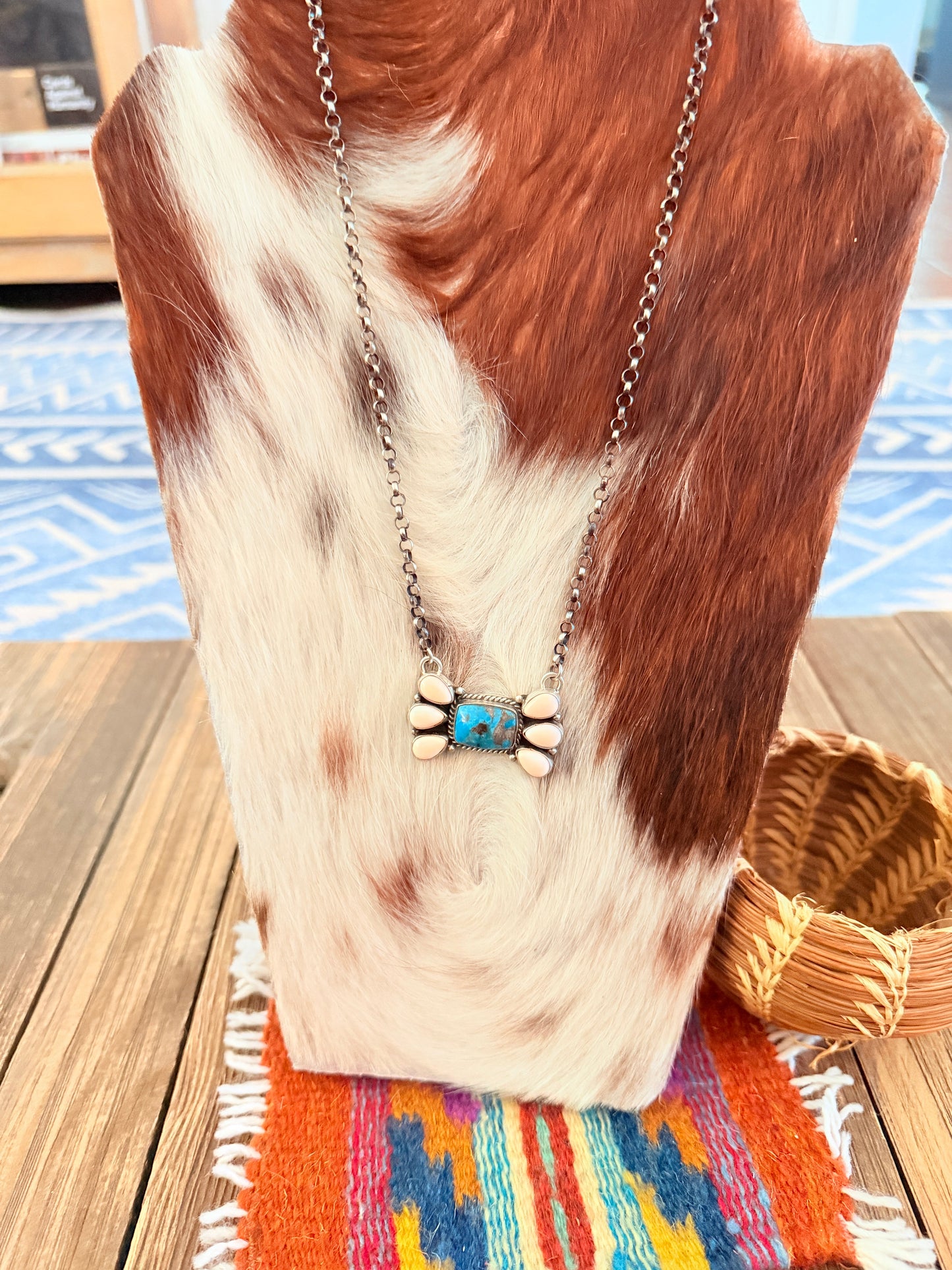 Handcrafted Queen Pink Conch, Turquoise & Sterling Silver Necklace