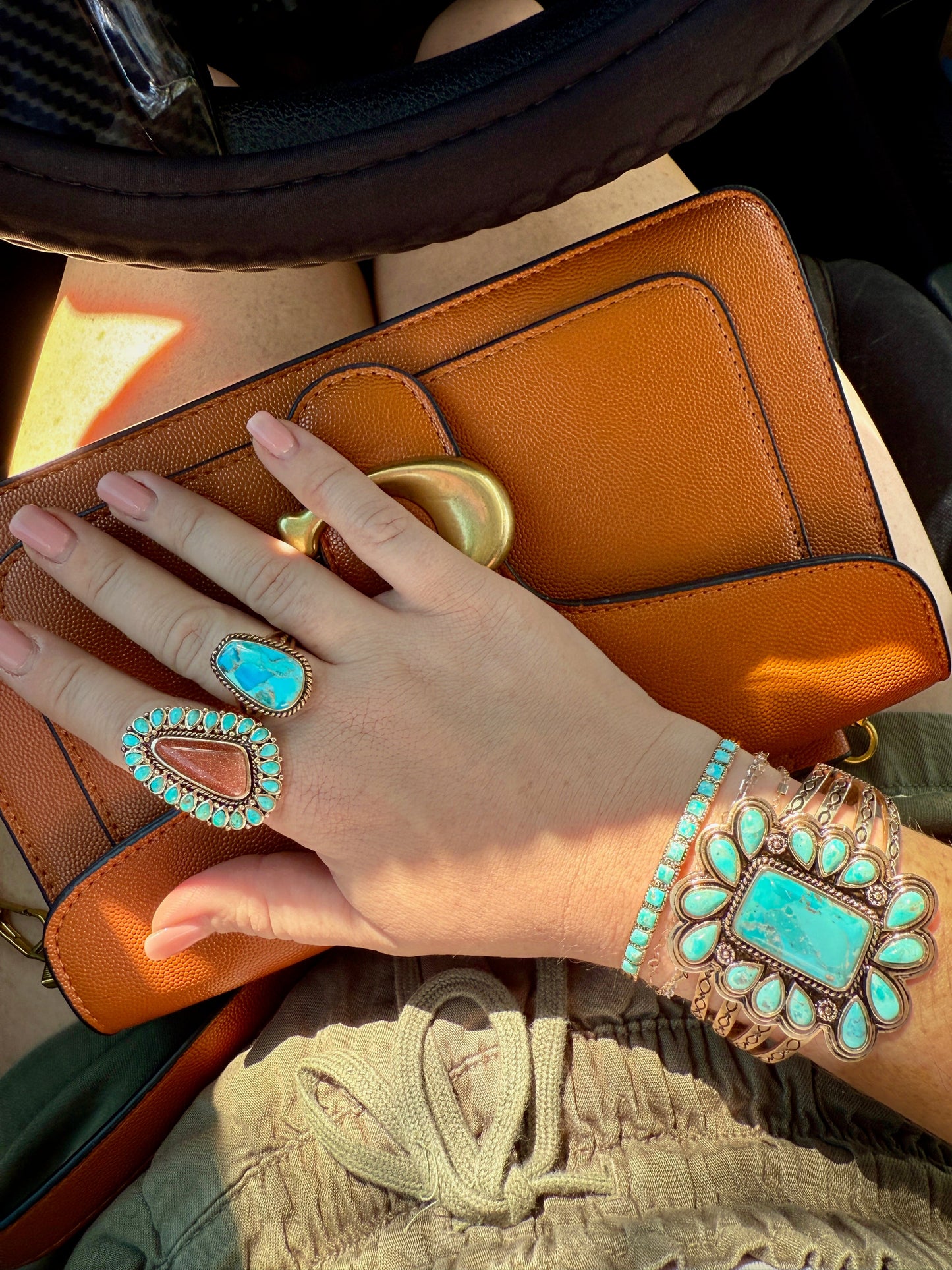 “The Golden Collection” Agave Statement Cuff Handmade Natural Turquoise Gold Plated Adjustable Bracelet Cuff