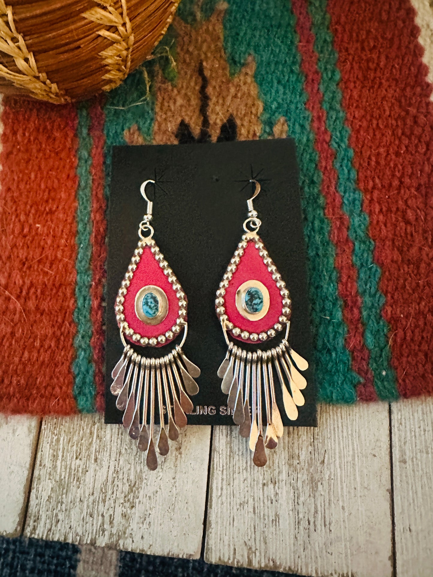 Handcrafted Turquoise & Sterling Silver Leather Chandelier Dangle Earrings