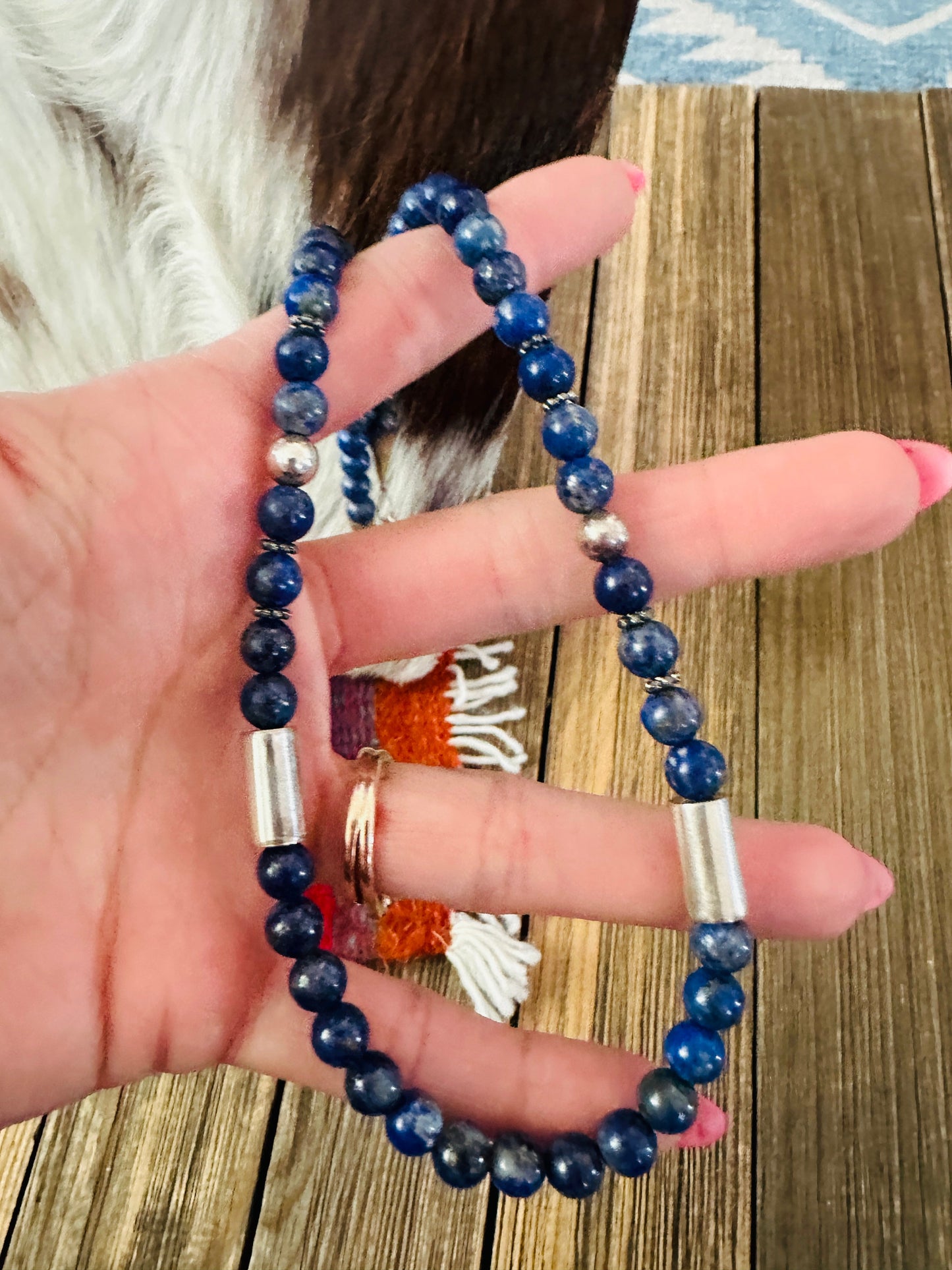 Handcrafted Lapis & Sterling Silver Beaded 18” Necklace by T & R Singer