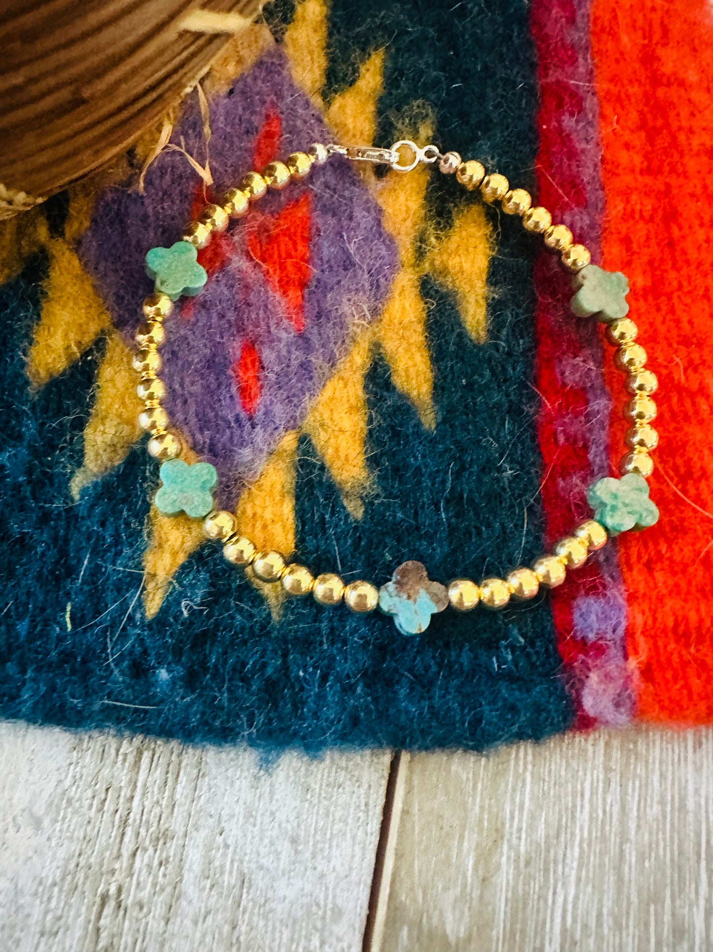 Handcrafted Cle'vara Gold Plated Sterling Silver Pearl & Turquoise 3mm Beaded Bracelet