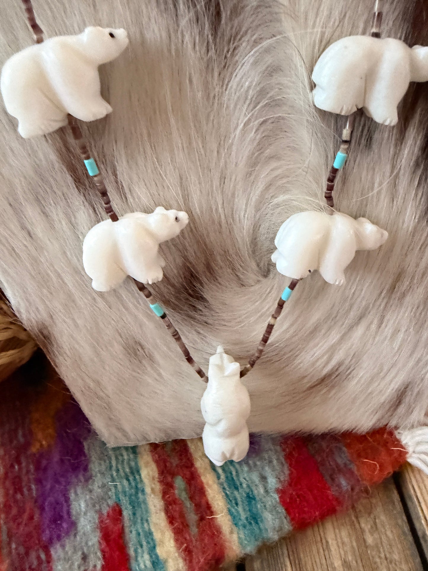 Handcrafted Sterling Silver & Beaded Fetish Bear Necklace 28" by Larry Cisco