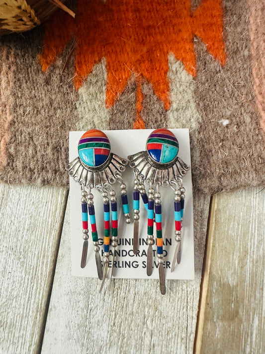Handcrafted Sterling Silver & Multi Stone Inlay Dream Catcher Clip On Dangle Earrings