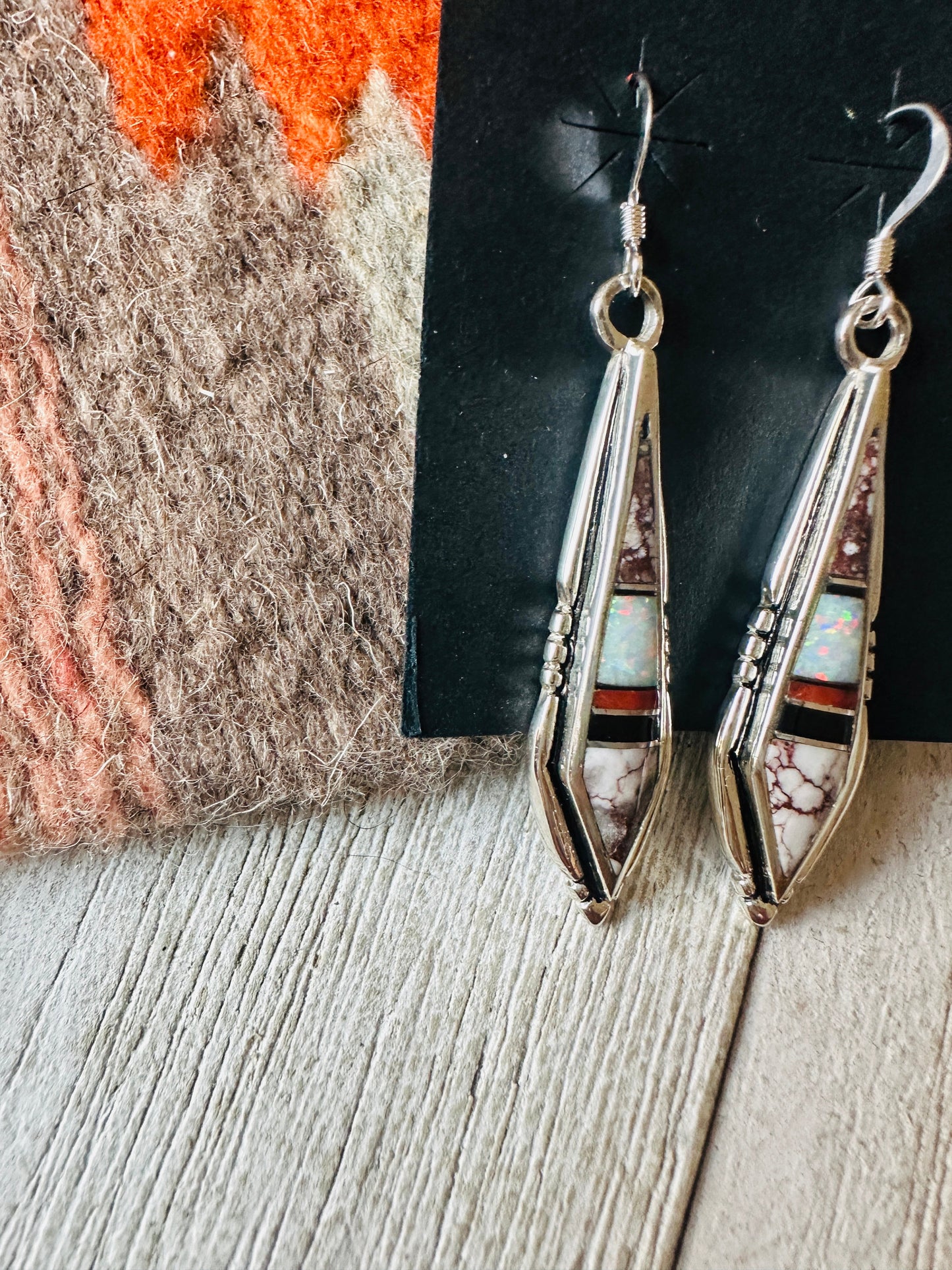 Handcrafted Sterling Silver & Multi Stone Inlay Dangle Earrings
