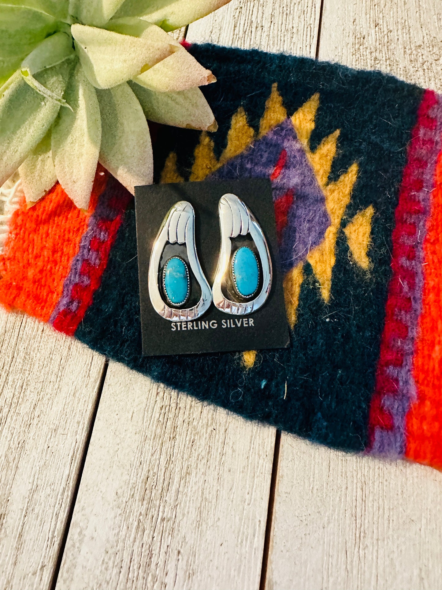 Navajo Kingman Turquoise and Sterling Silver Shadowbox Earrings