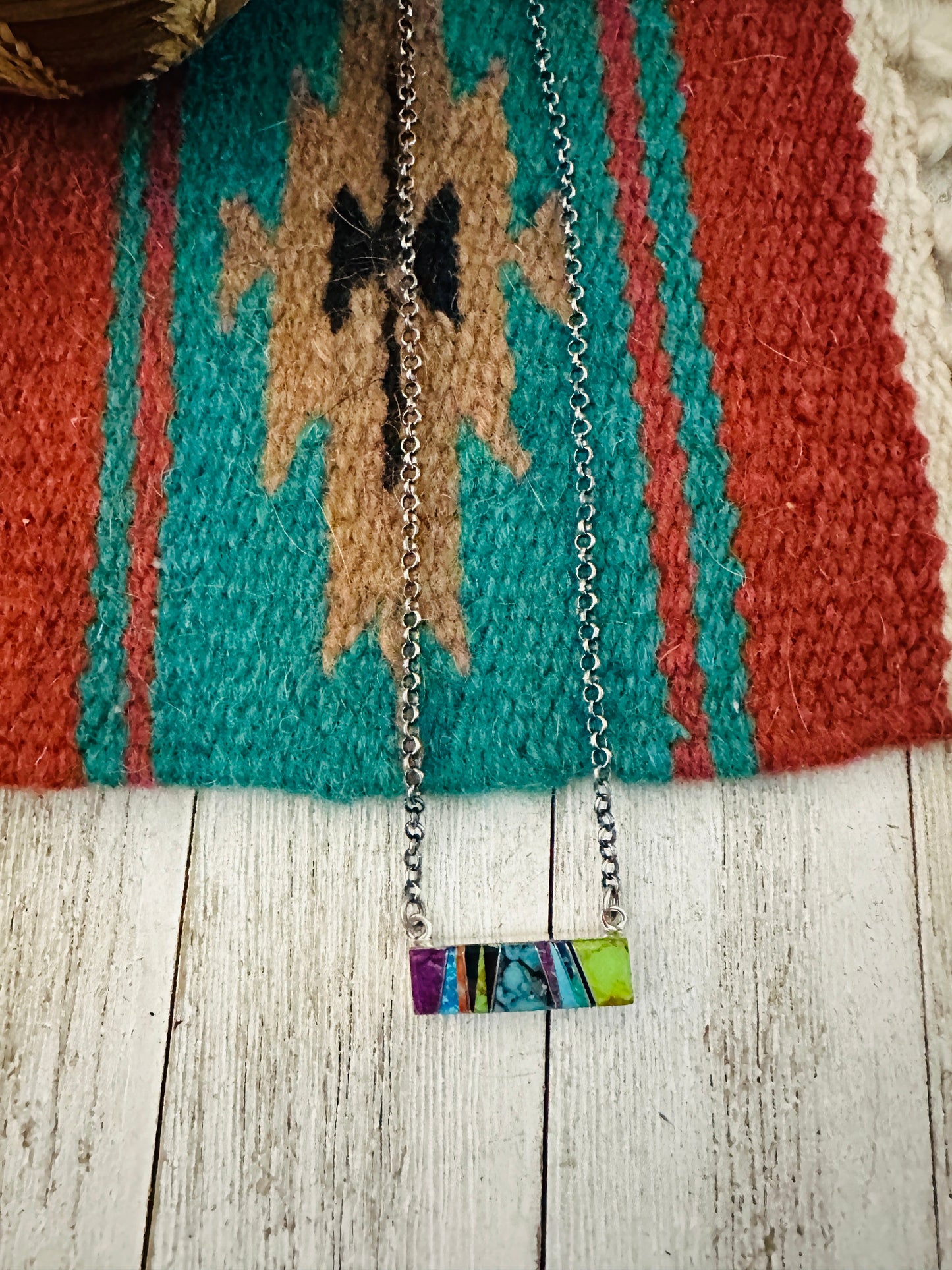 Handcrafted Multi Stone & Sterling Silver Inlay Bar Necklace