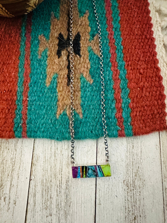 Handcrafted Multi Stone & Sterling Silver Inlay Bar Necklace