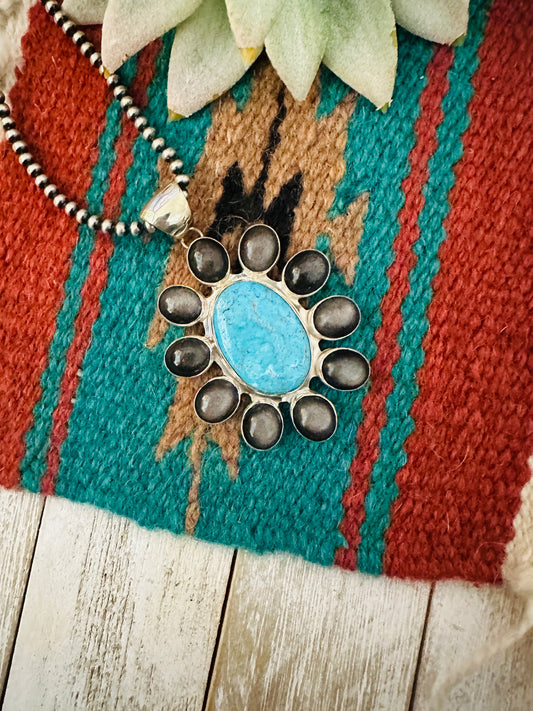 Handcrafted Black Abalone, Turquoise & Sterling Silver Cluster Pendant