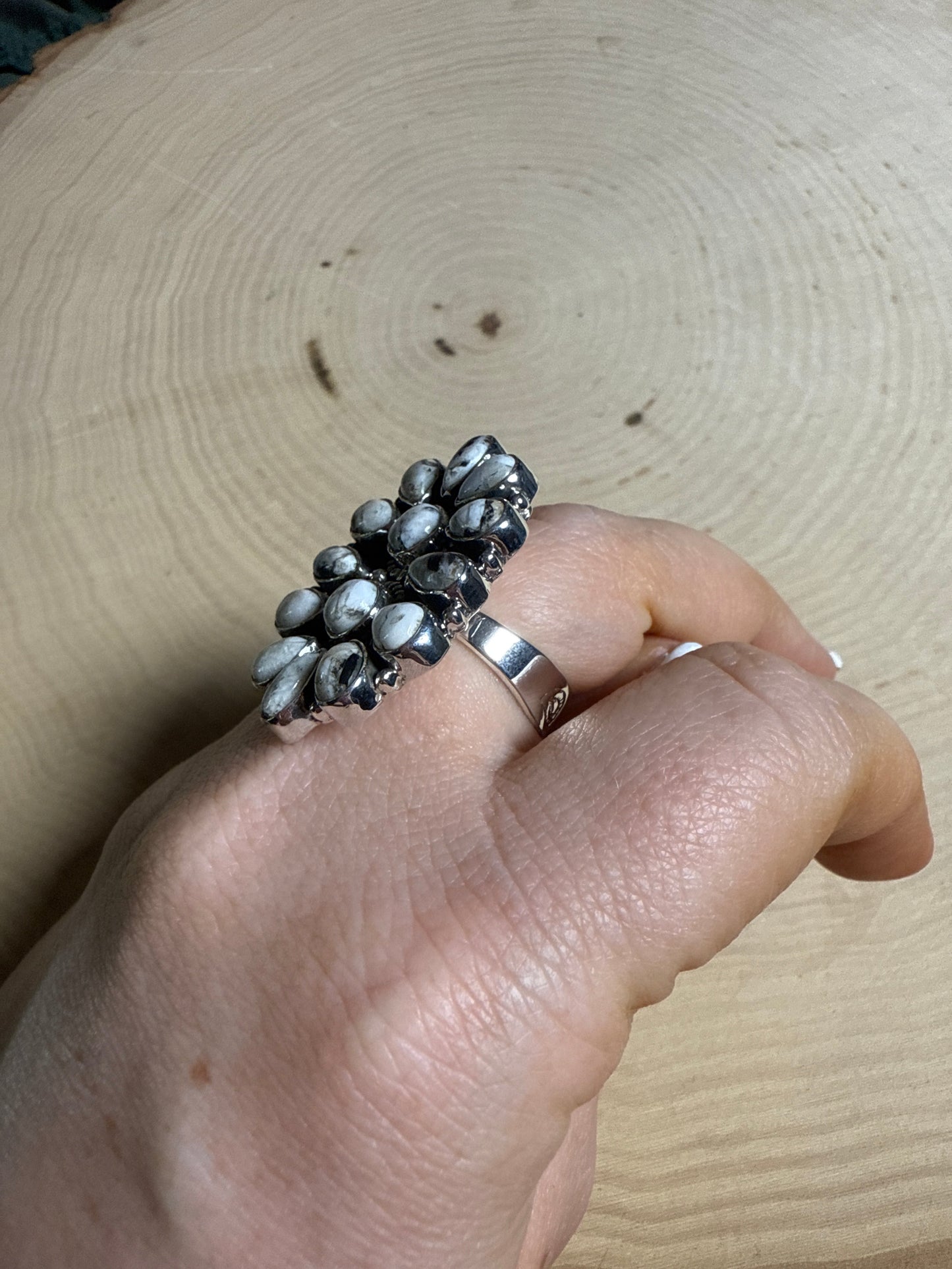 Handmade White Buffalo & Sterling Adjustable Cluster Ring