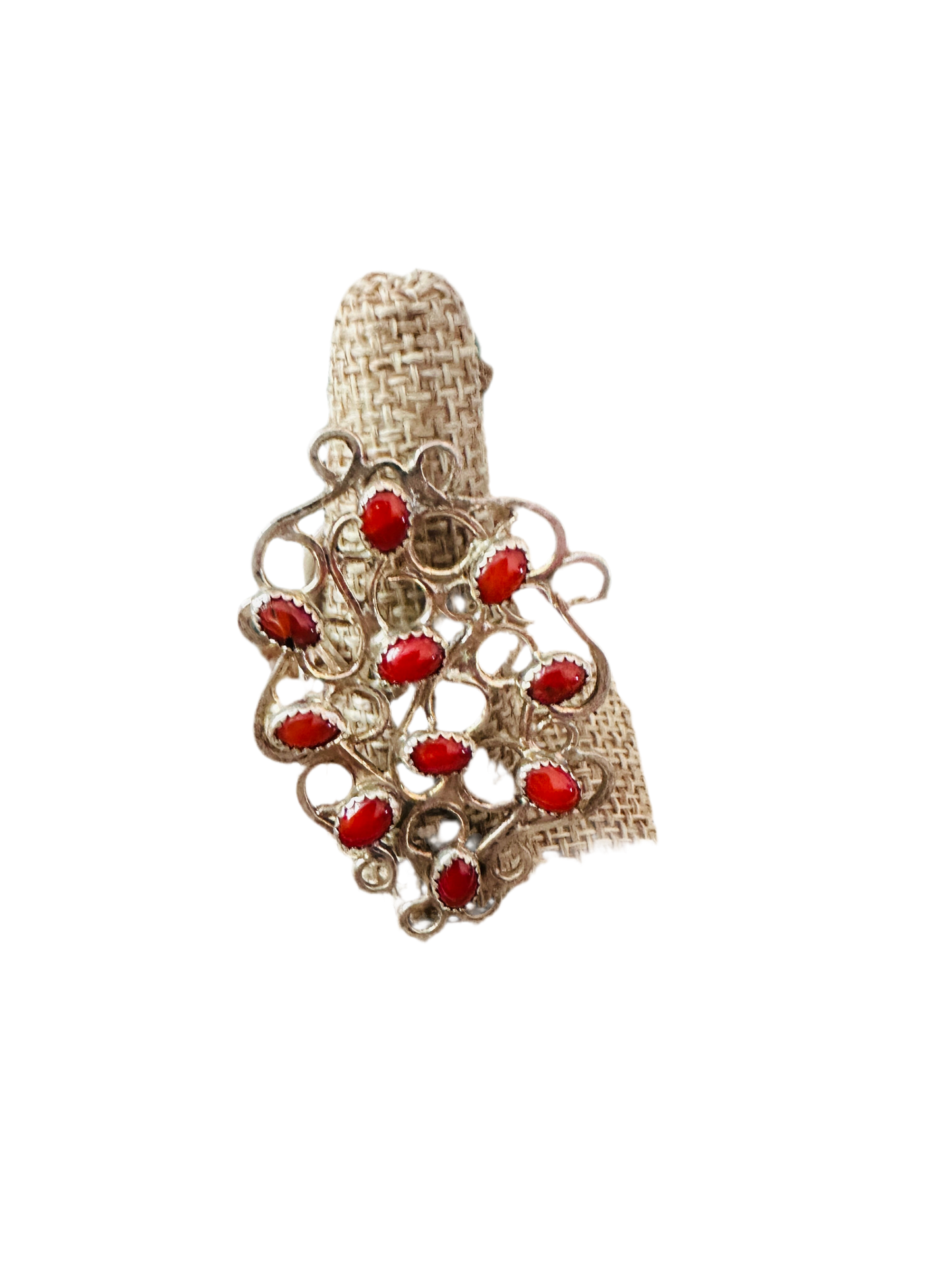 Handcrafted Sterling Silver & Coral Abstract Statement Ring Size 8.5