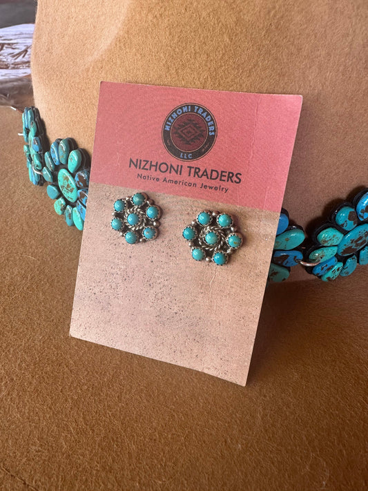 Beautiful Navajo Turquoise And Sterling Silver 7 Stone Flower Post Earrings