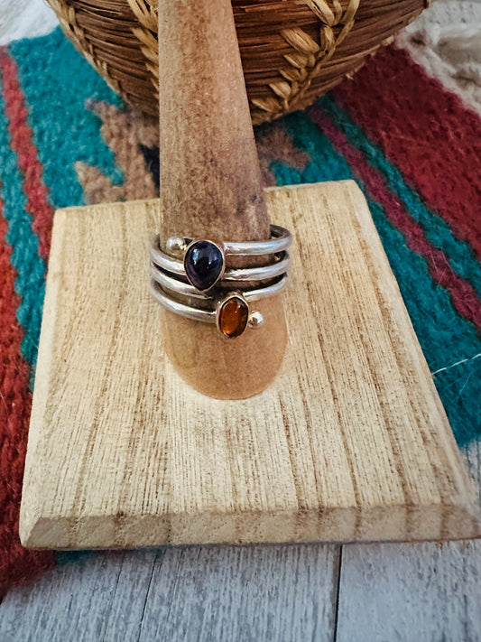 Handcrafted Amber, Amethyst & Sterling Silver Ring Size 8.5